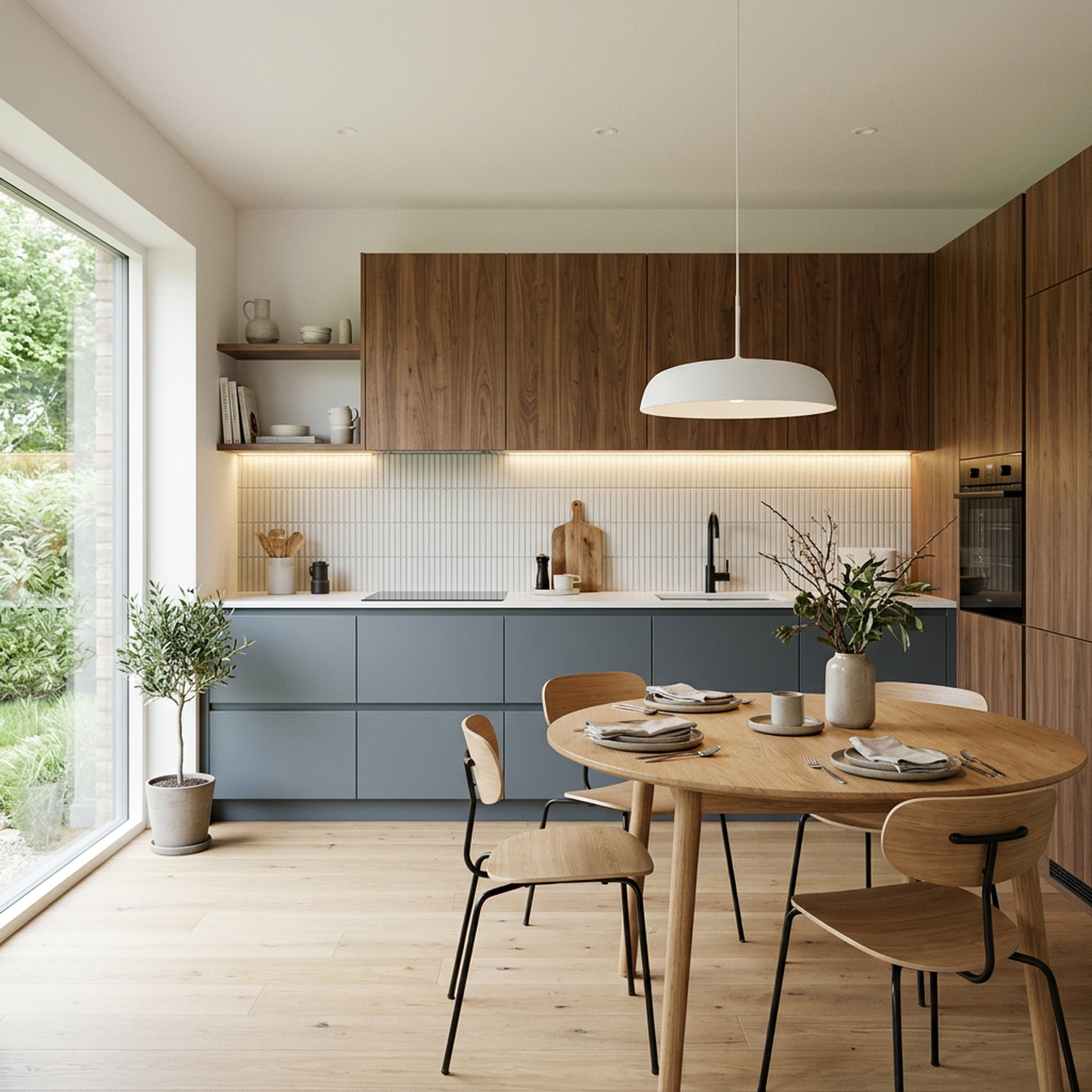 Open Kitchen Design with Wave Blue and White Matte Cabinets
