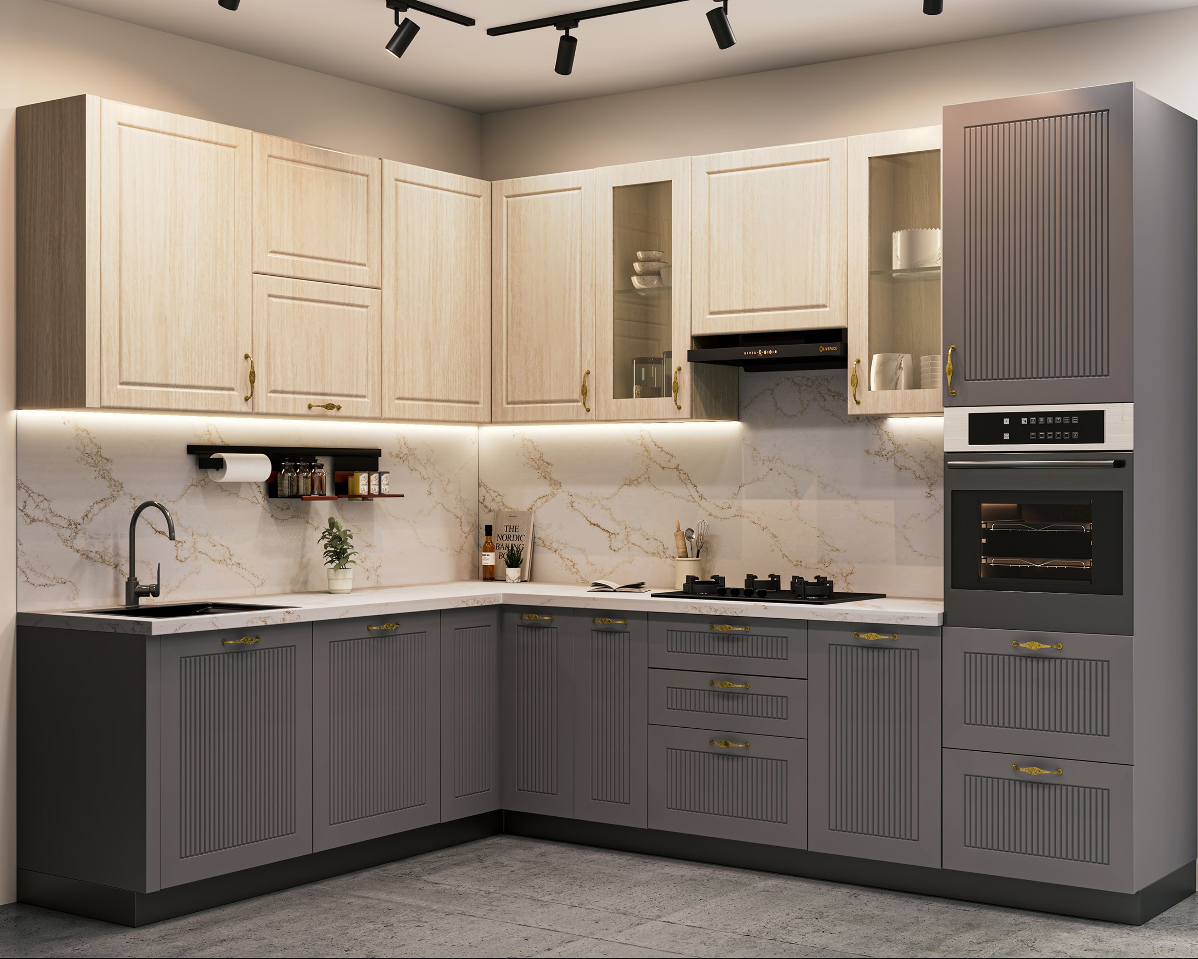 Grey and Oak L-Shaped Kitchen Design with Geometric Backsplash