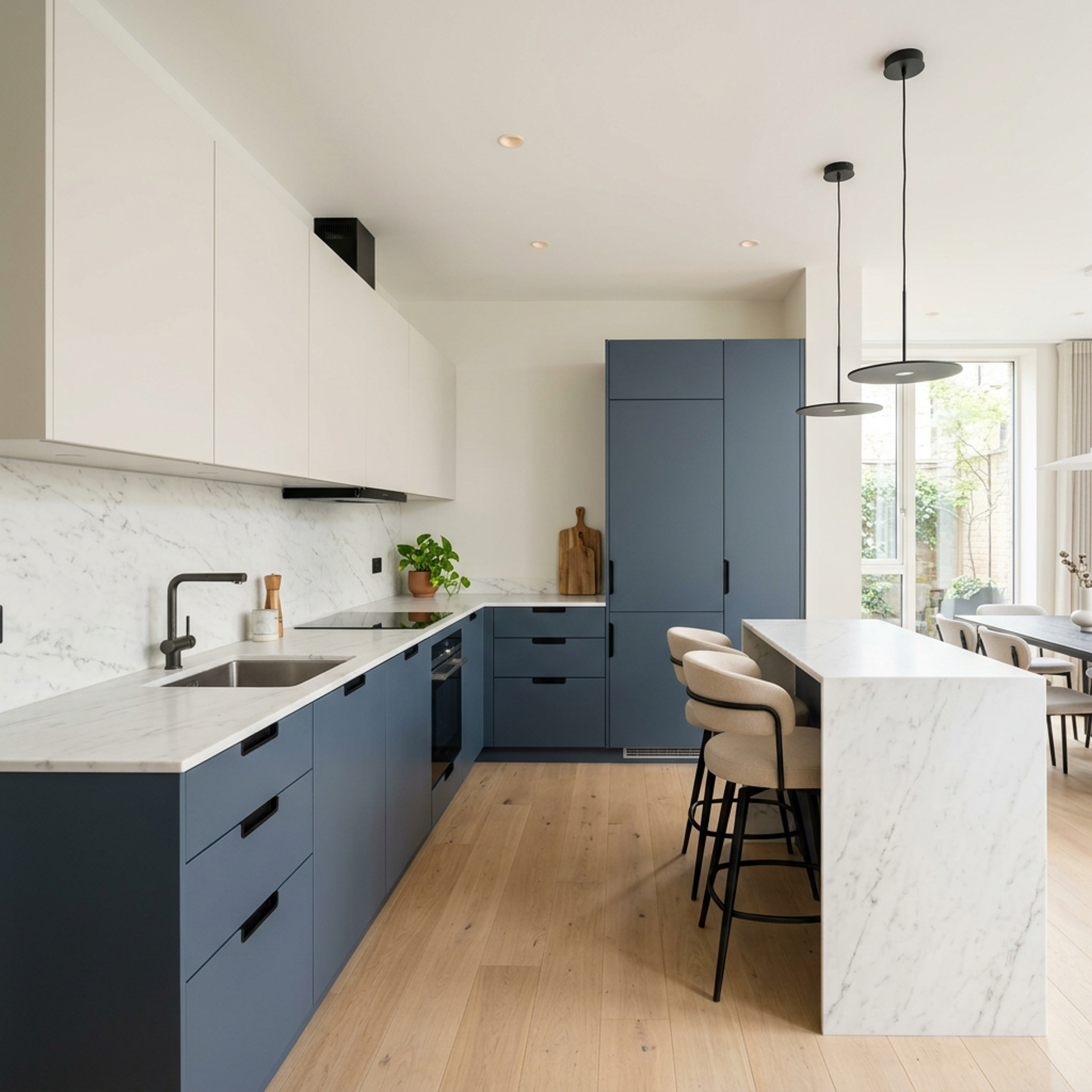 Wave Blue and White Island Kitchen Design with Marble Island