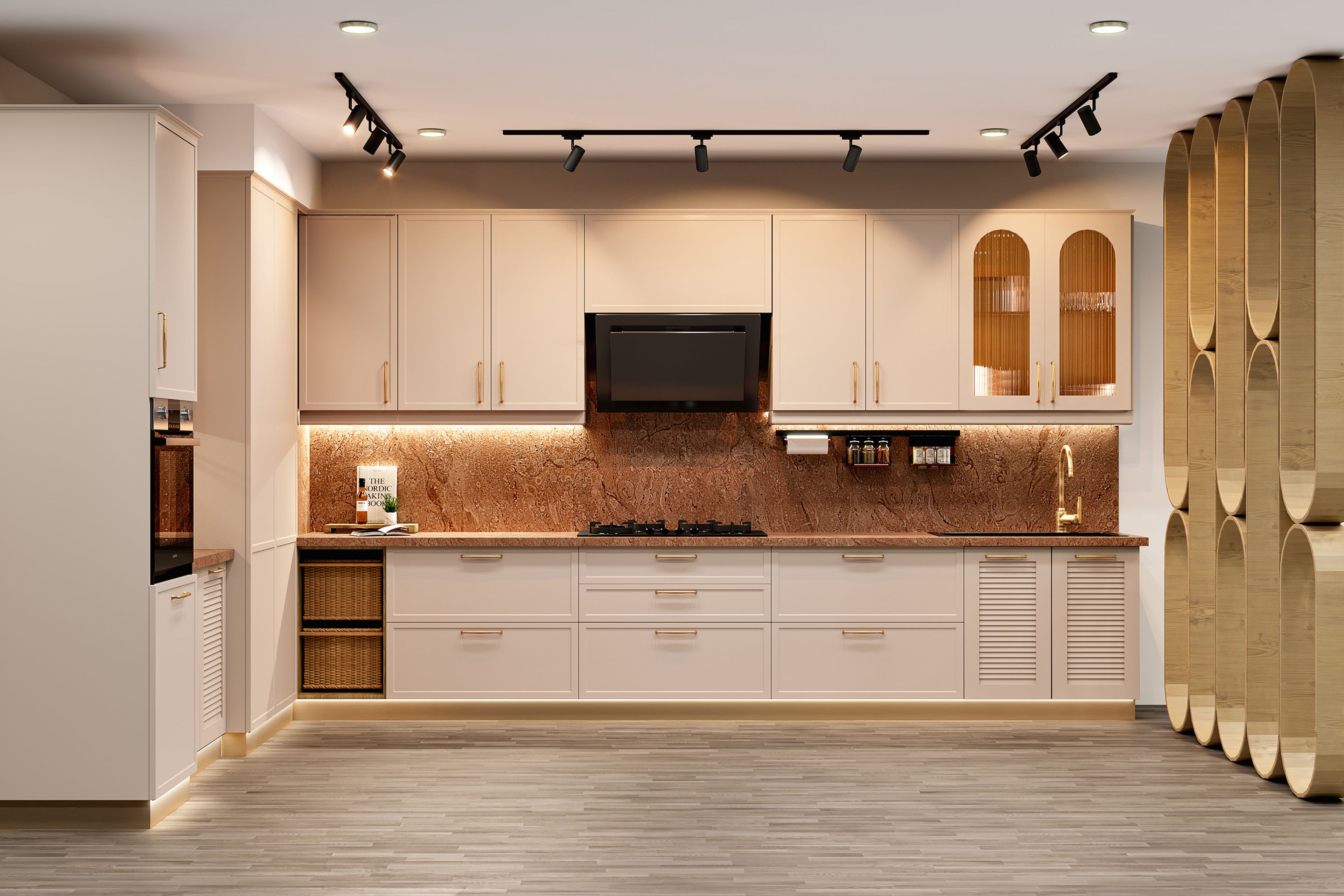 L-Shaped Kitchen Design with Cream Cabinets and Geometric Backsplash