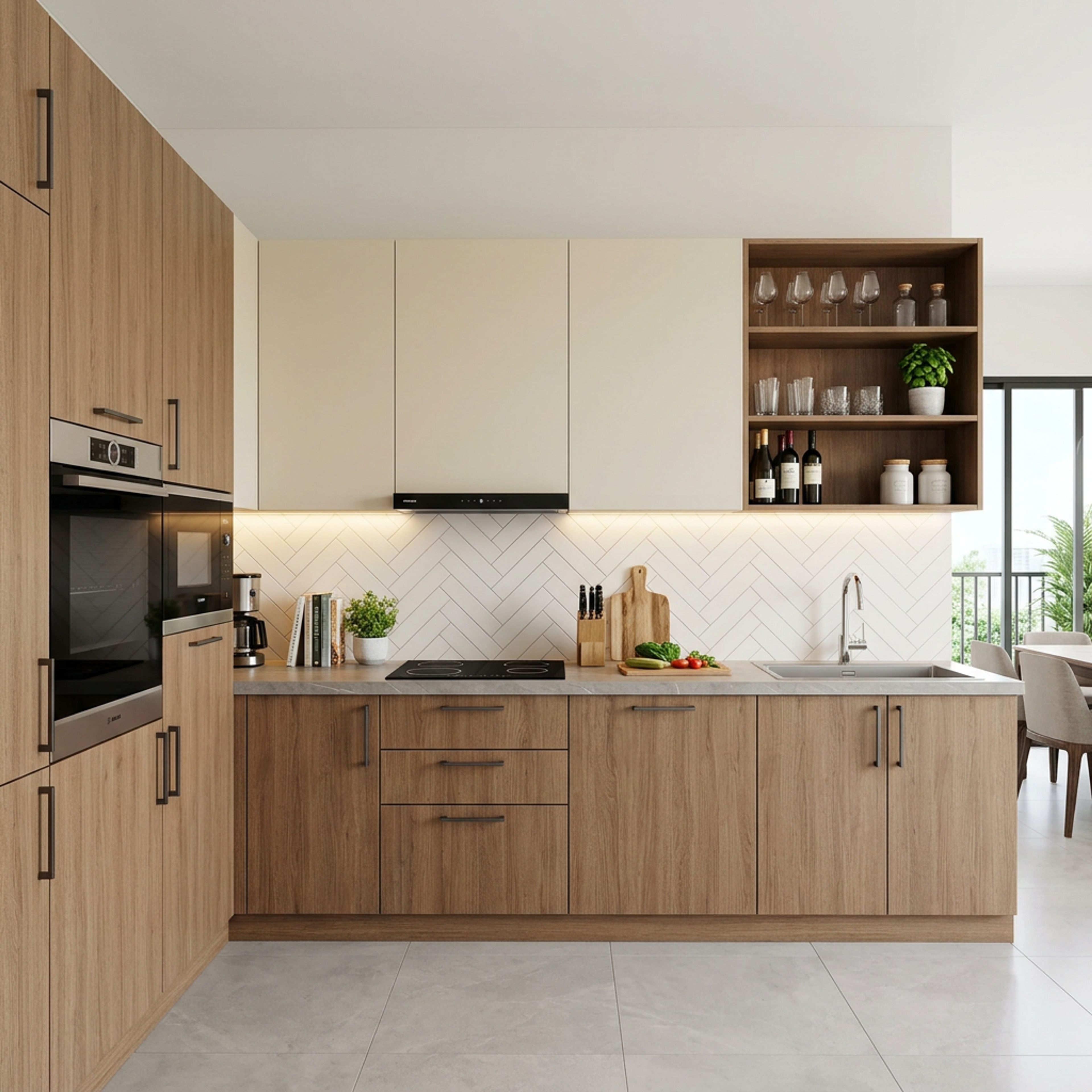 Walnut and White Contemporary Kitchen Design with Geometric Chevron Tile Backsplash