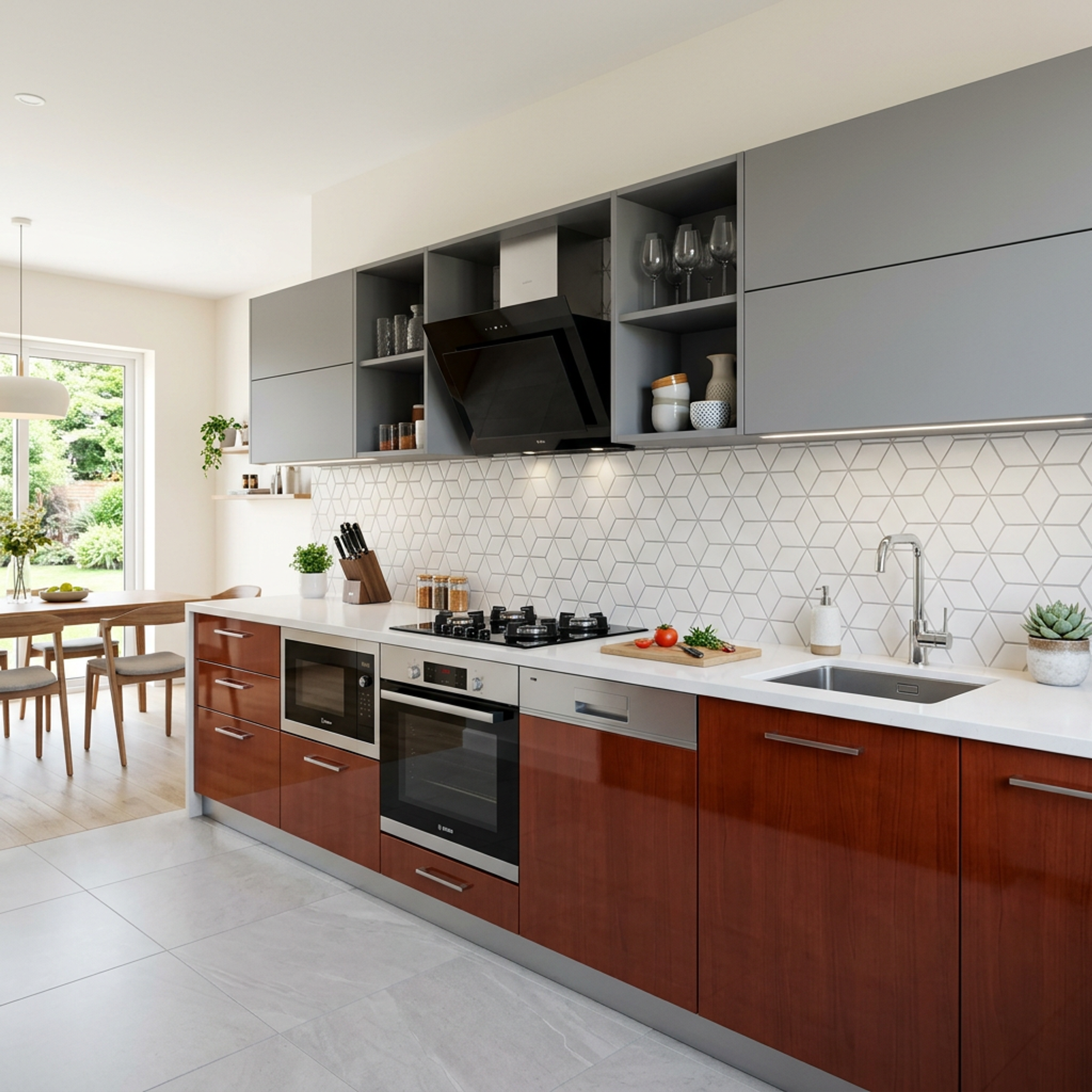 Contemporary Open Kitchen Design with a Red Wood Base Cabinet Setup
