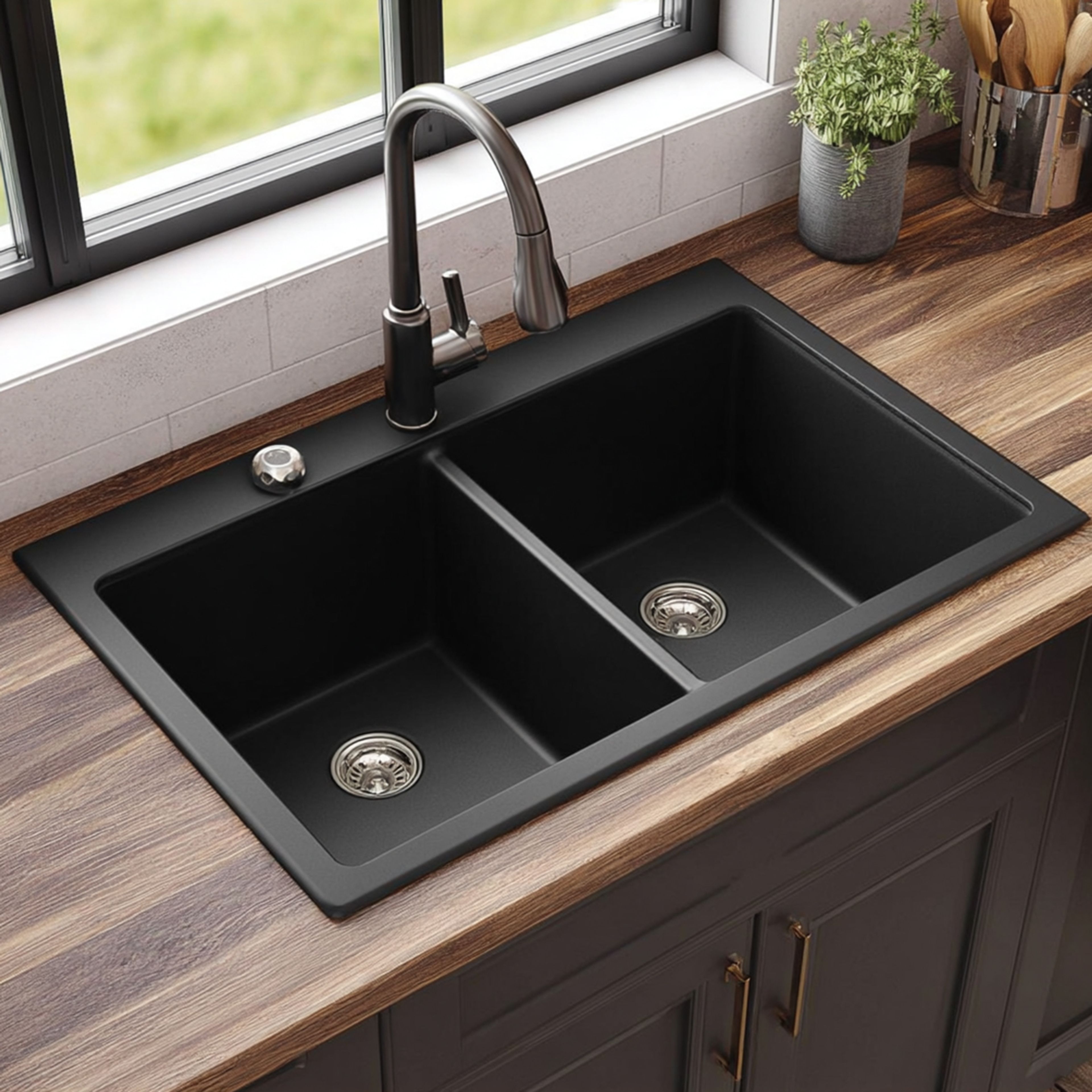 Top Mount Kitchen Sink Design with Black Matte Finish and Dual Bowl