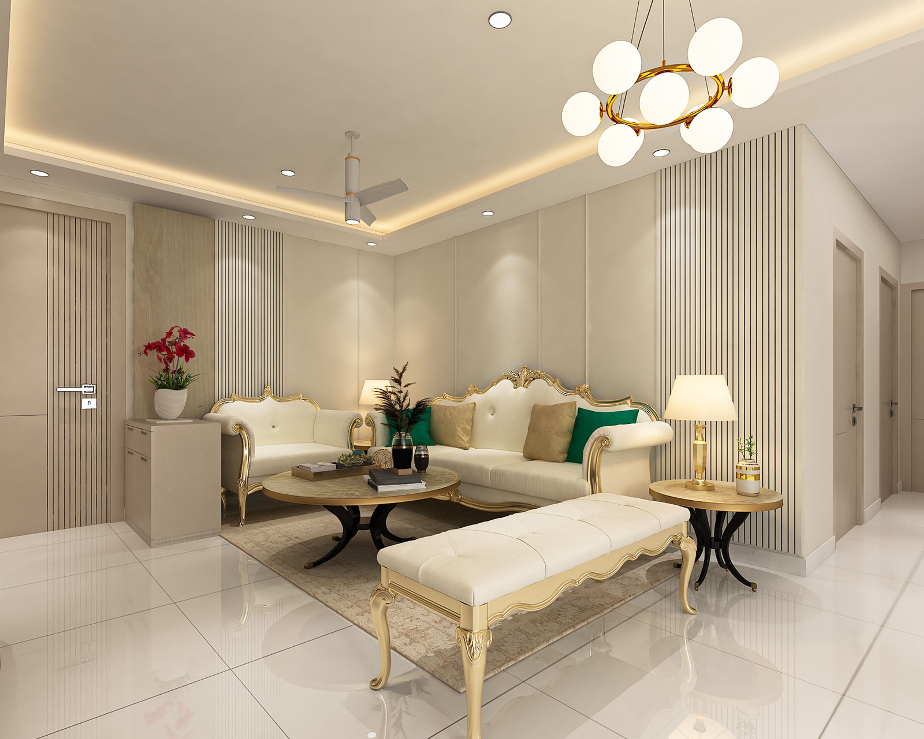 Classic Single Layer False Ceiling Design with Chandelier and Paint Finish