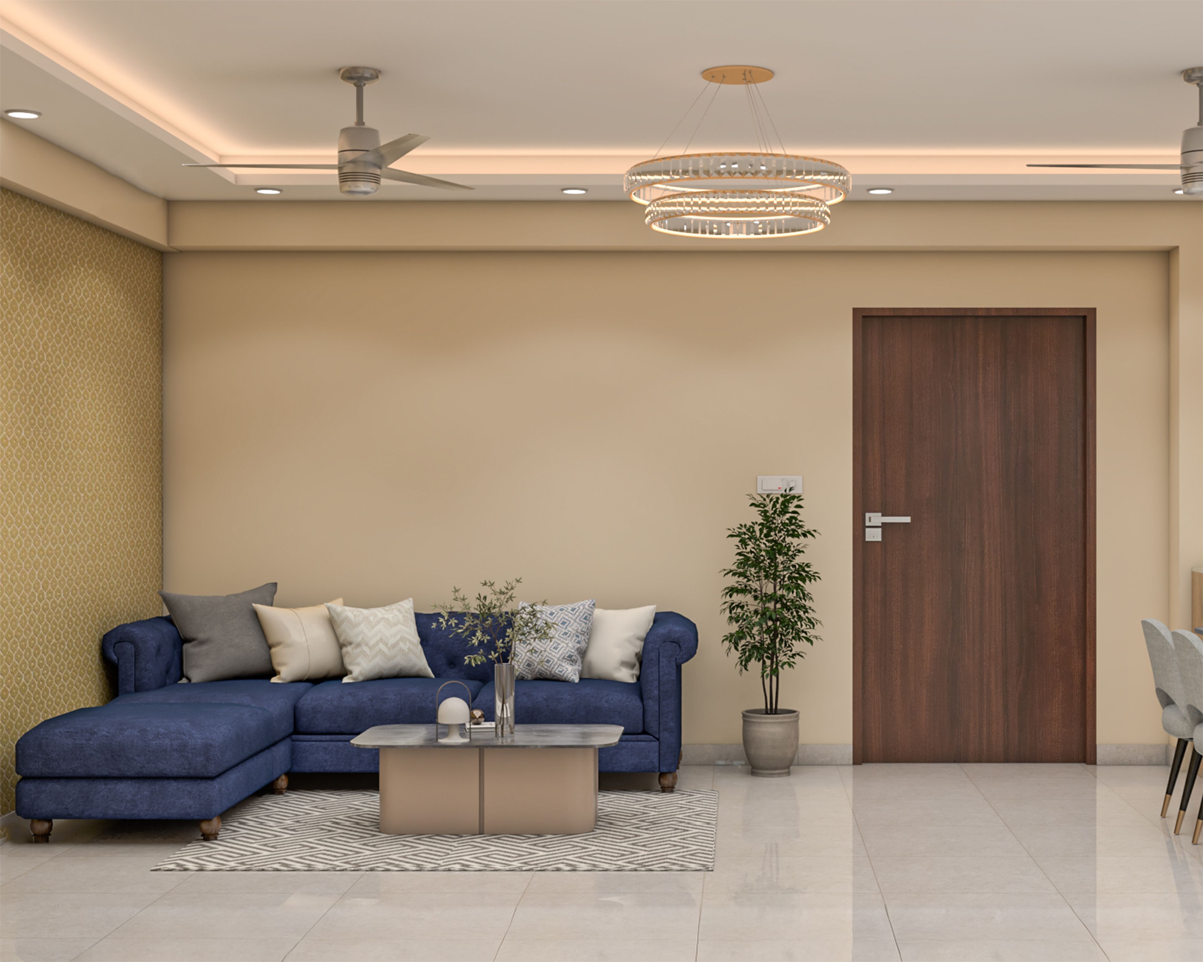 Contemporary Gypsum Single Layer False Ceiling Design with Cove Lights and Chandelier