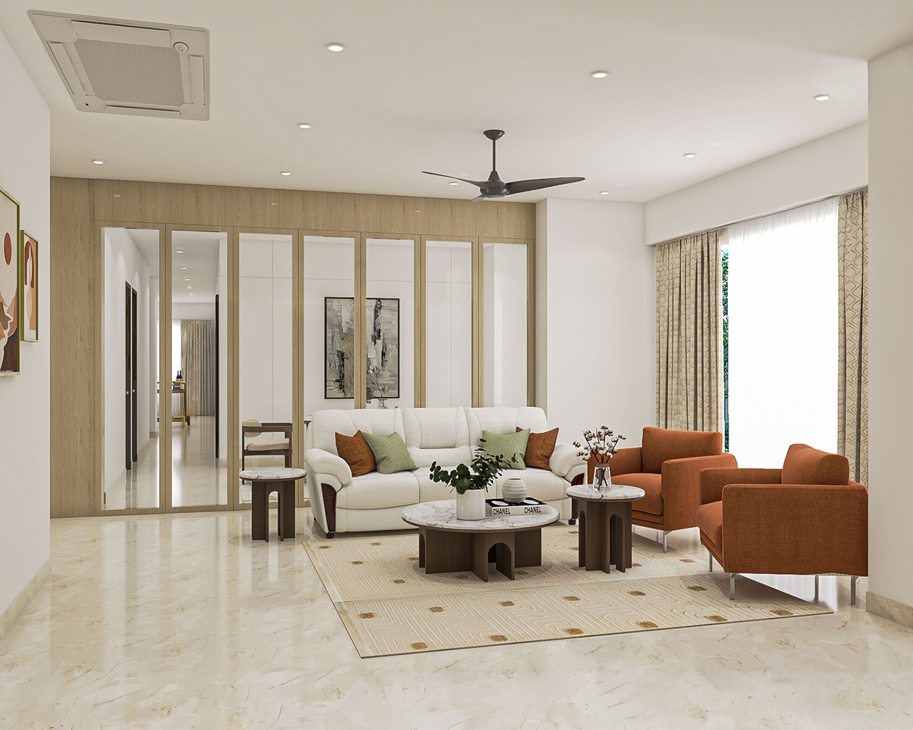 Contemporary Living Room Design with Round Marble Coffee Table and Rust Accent Armchair