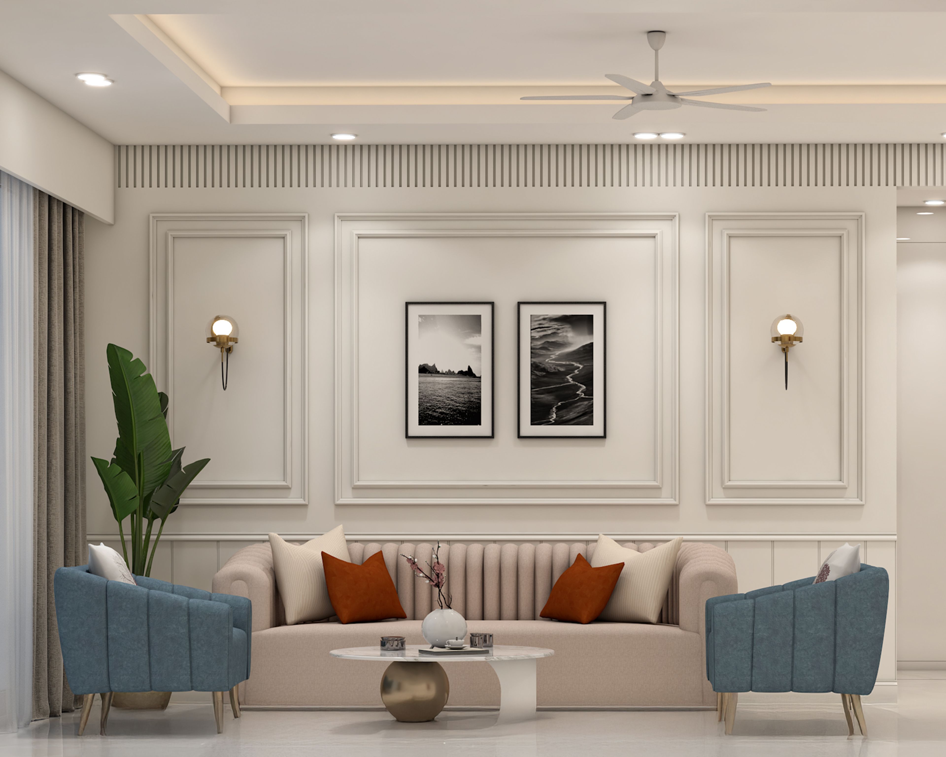 Classic Living Room Design Featuring Layered Wall Moldings and Sconces