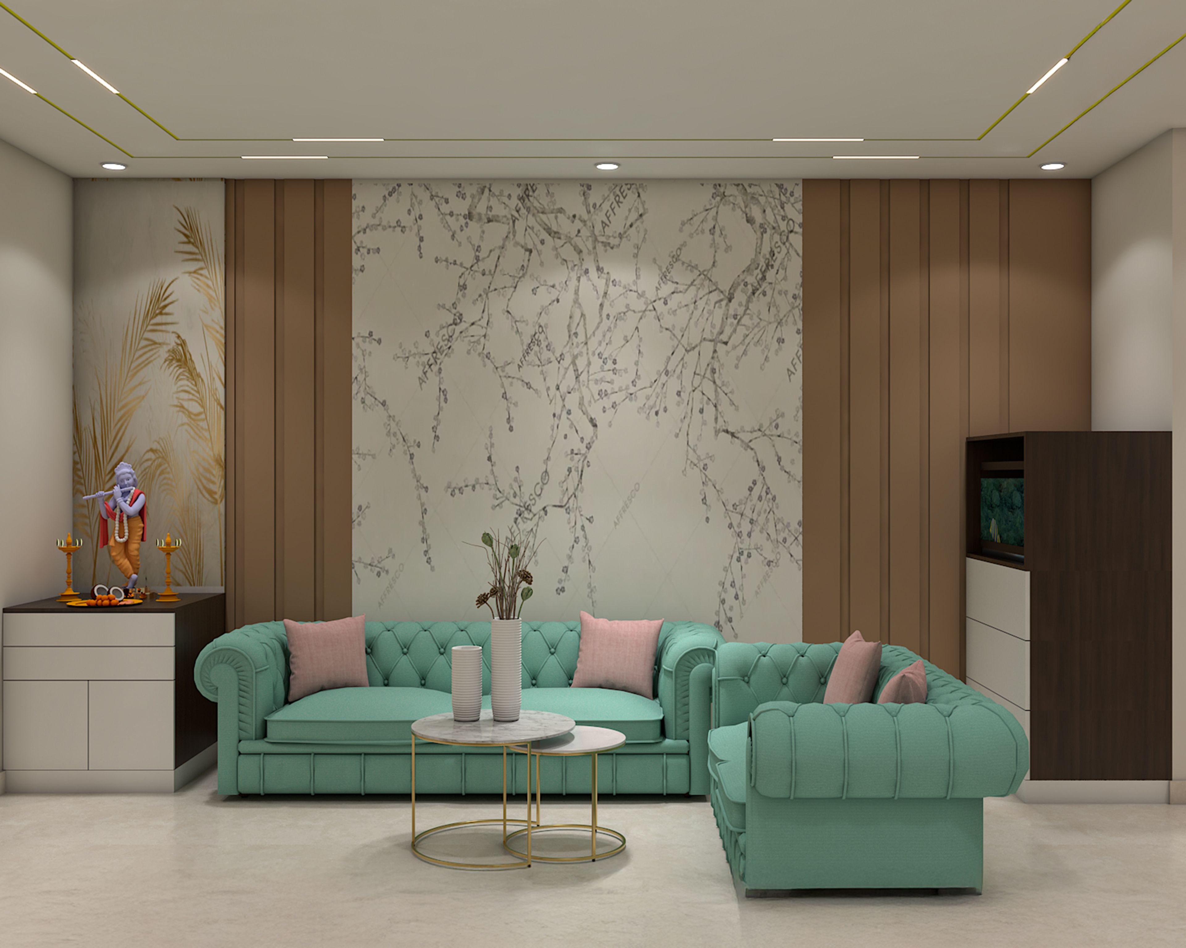 Contemporary Living Room Design with Mint Tufted Sofa and Aquarium Display