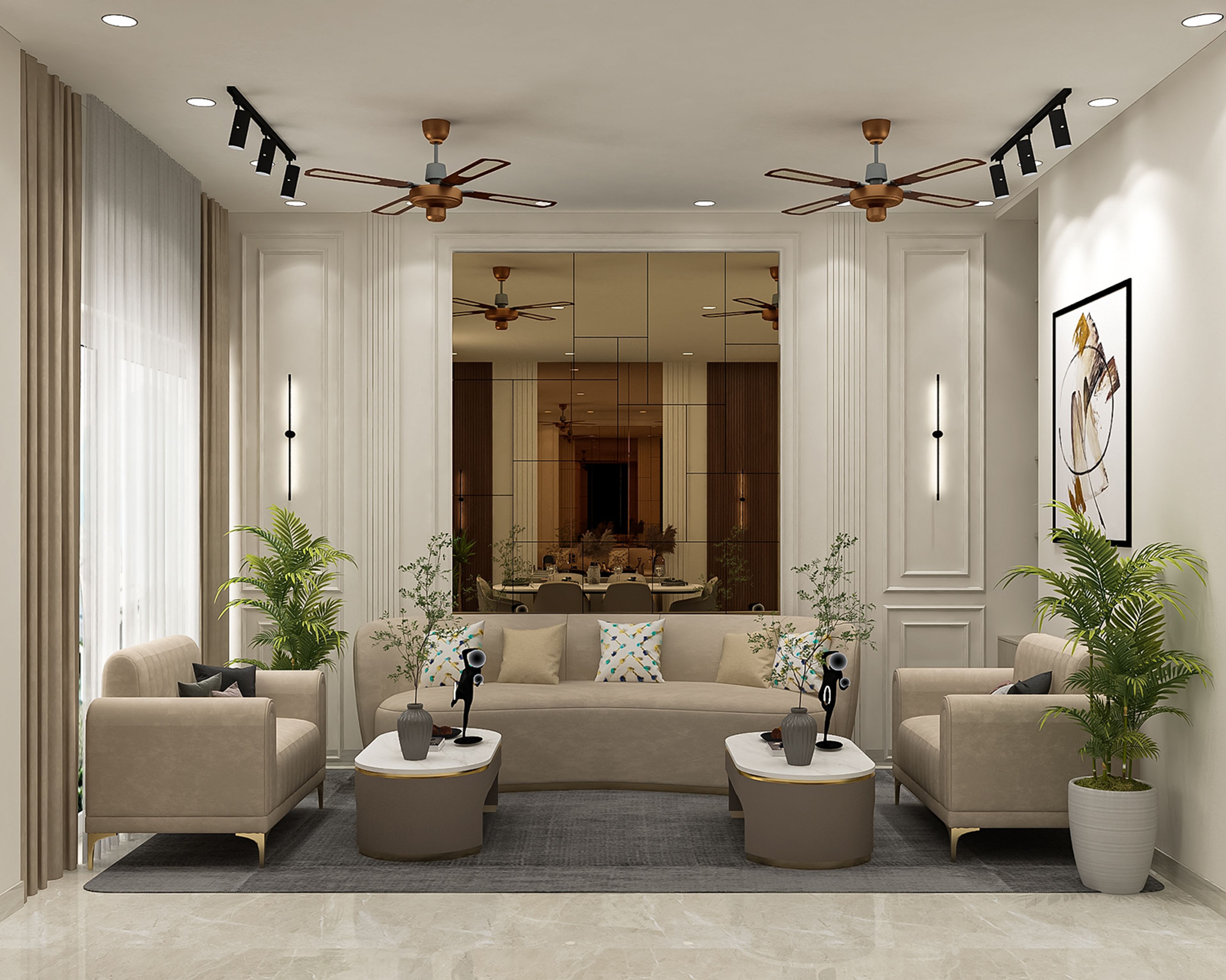 Classic Living Room Design with Beige Curved Sofa and White Molding