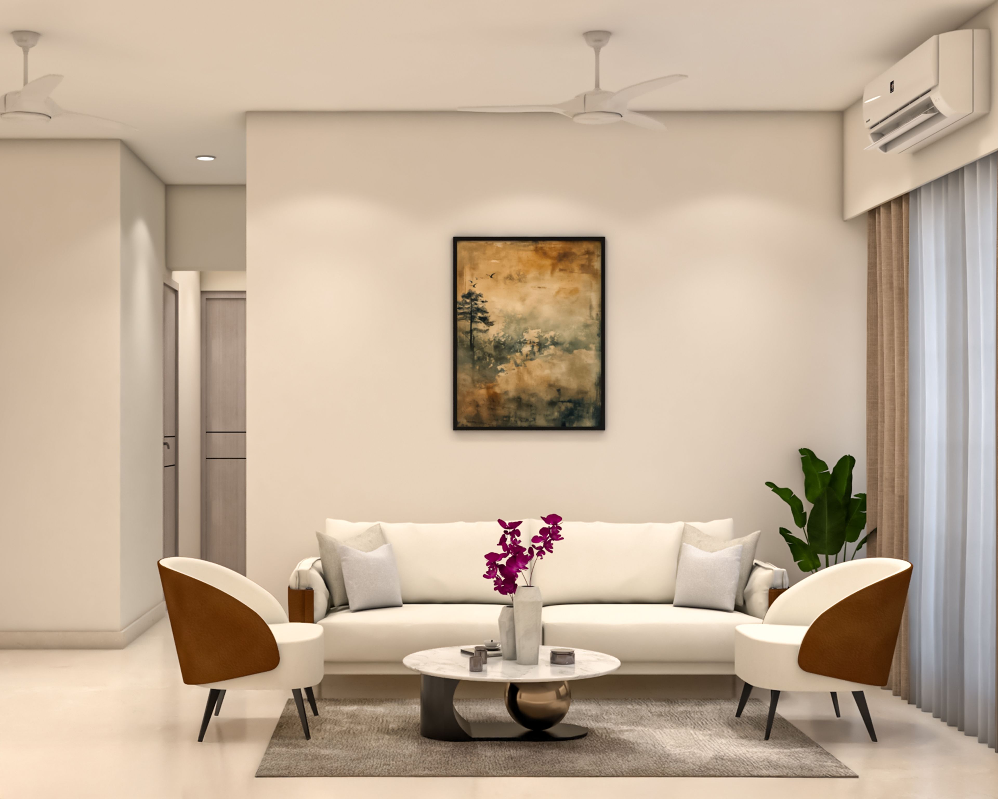 Living Room Design with Cream Straight Sofa and Marble Coffee Table