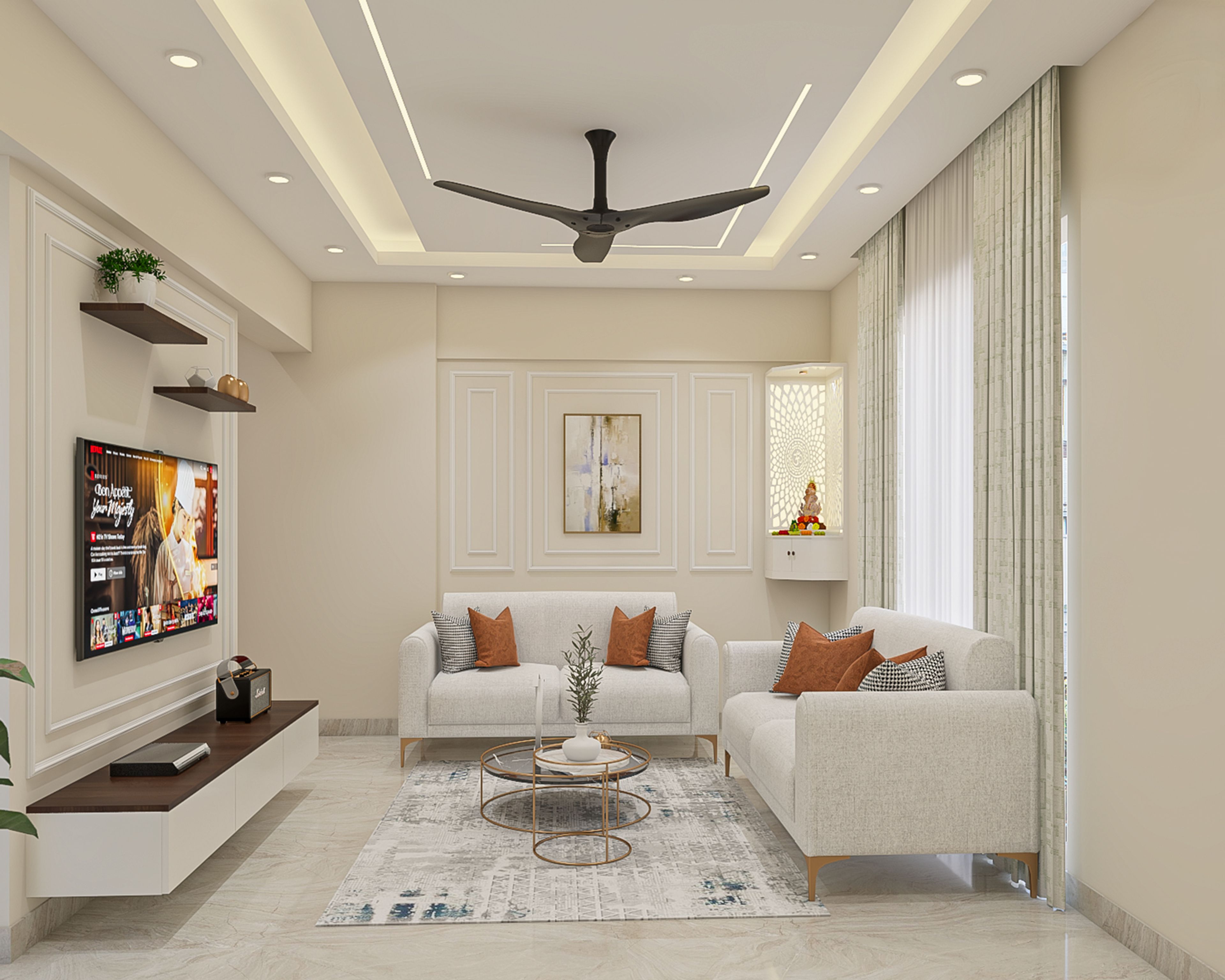 Contemporary Living Room Design with Beige Sofas and Backlit Mandir
