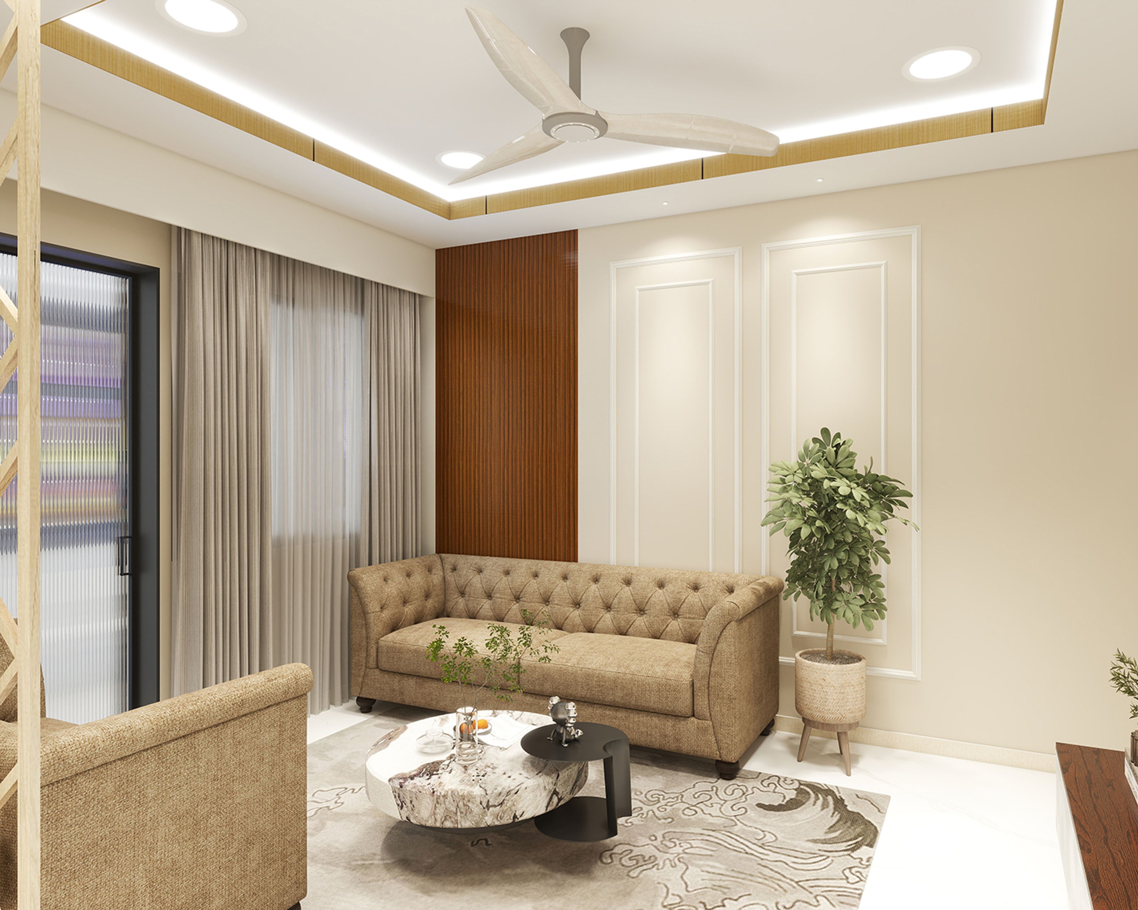 Classic Living Room Design with Tufted Beige Sofa and Marble Table