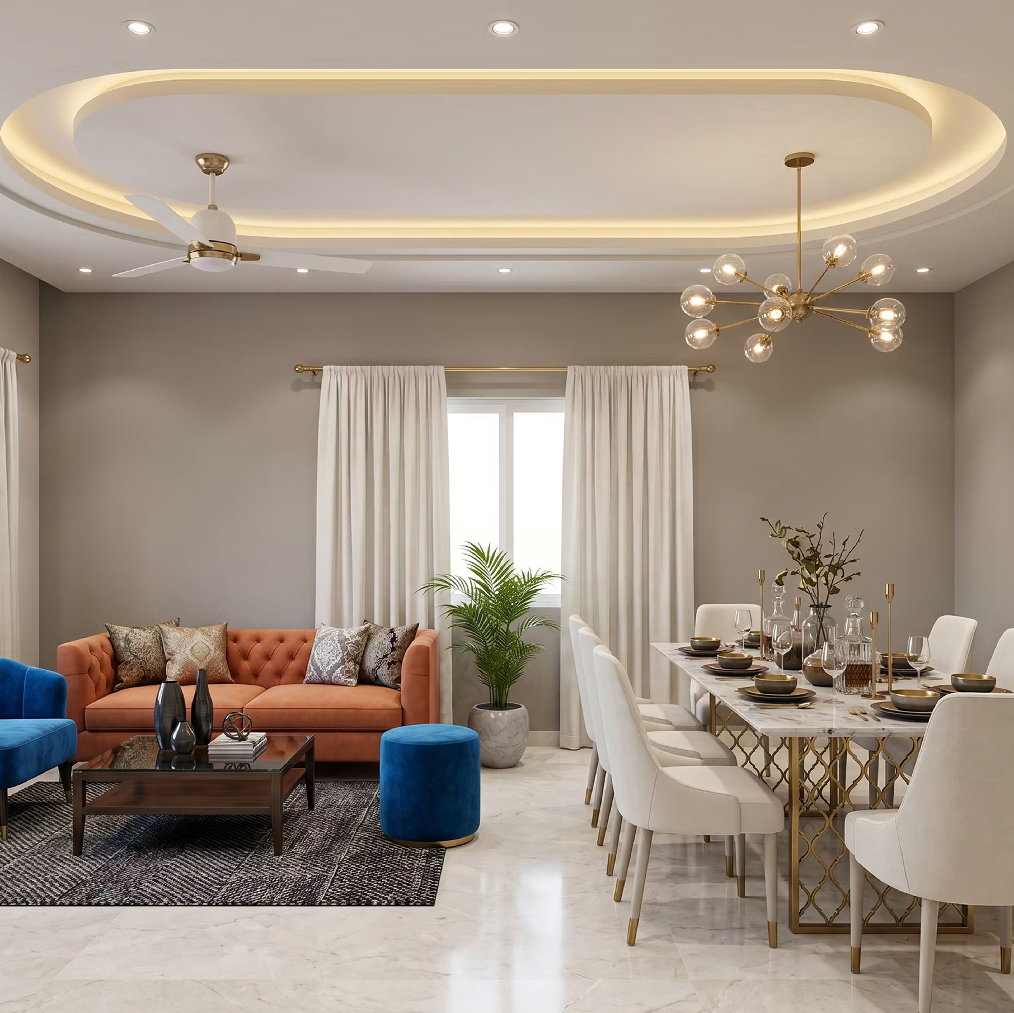 Gypsum Single Layer False Ceiling Design with Oval Shape and Cove Lighting