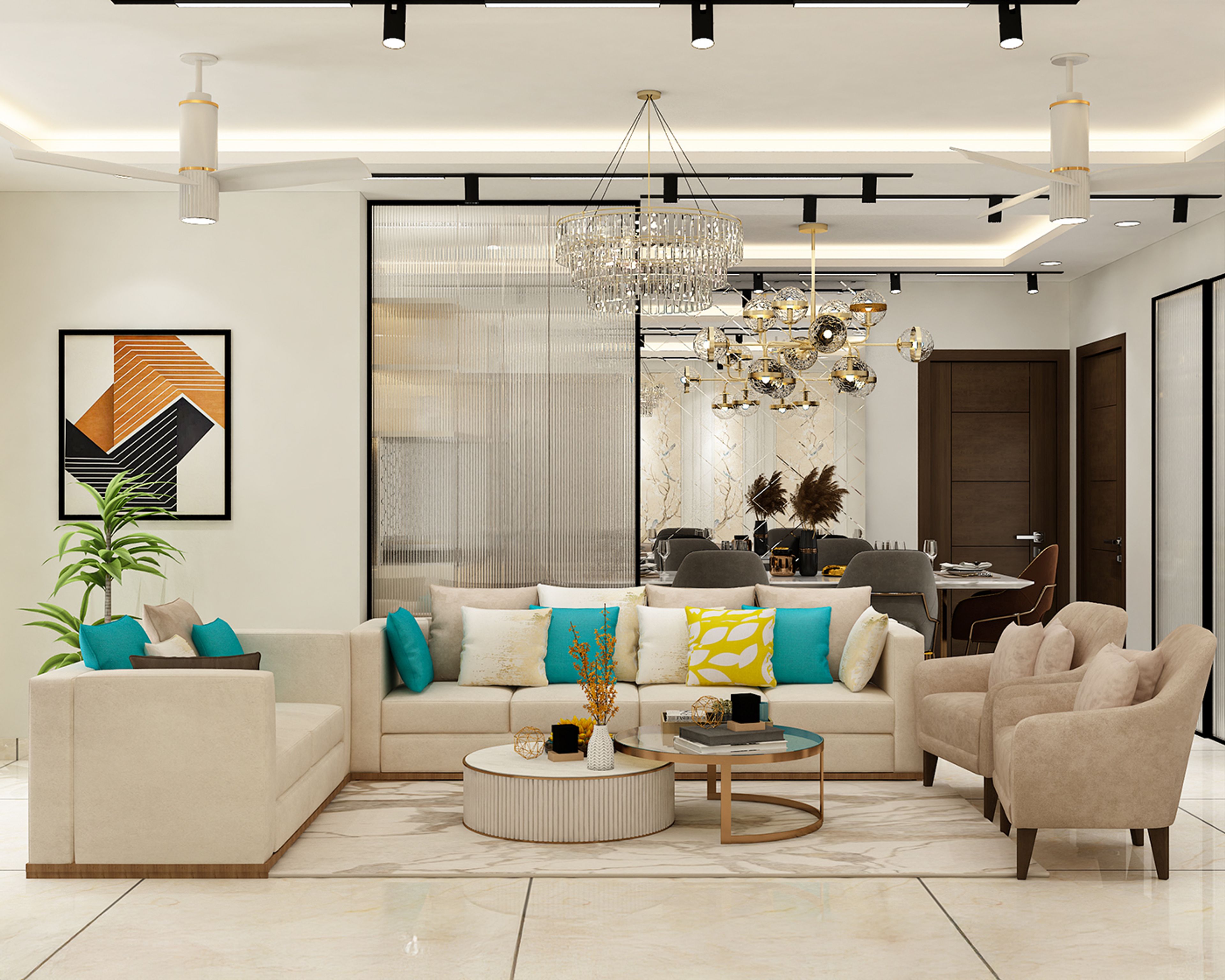 Modern Living Room Design with Beige Sectional and Dual Statement Chandeliers