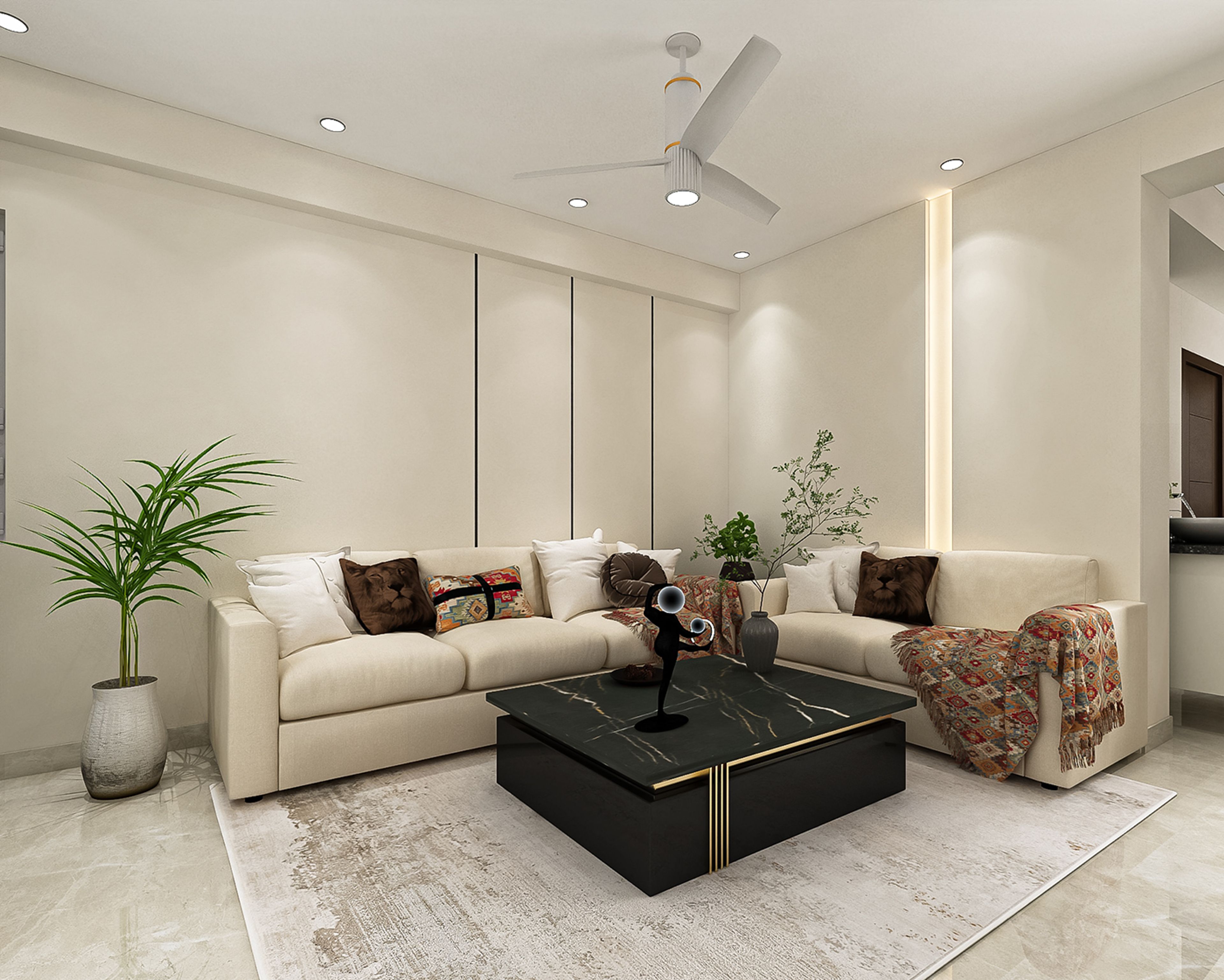Modern Living Room Design with Beige Sofa and Black Marble Table