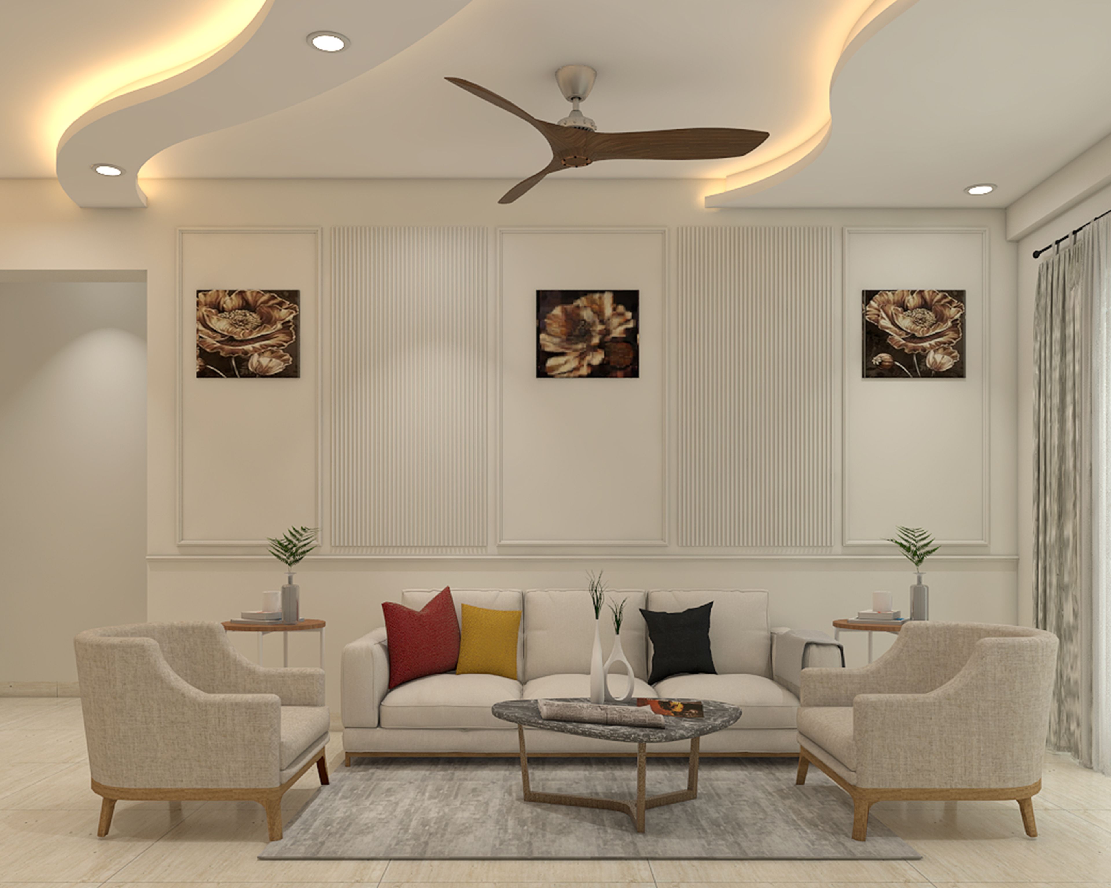 Curved Single Layer Gypsum False Ceiling Design with S Shape and Spot Lights
