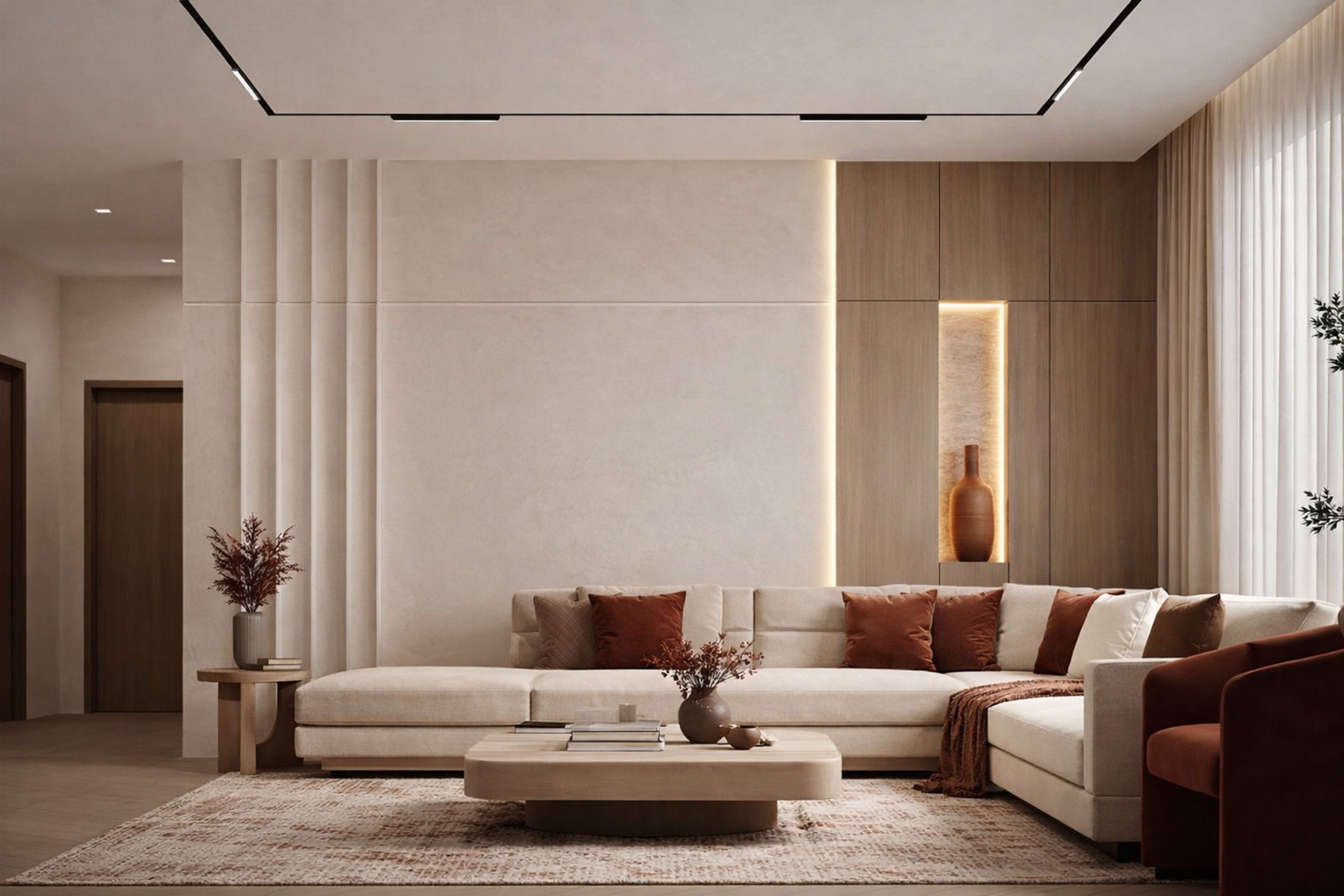 Contemporary Living Room Design with Sectional Sofa and Rust Velvet Accent Armchair