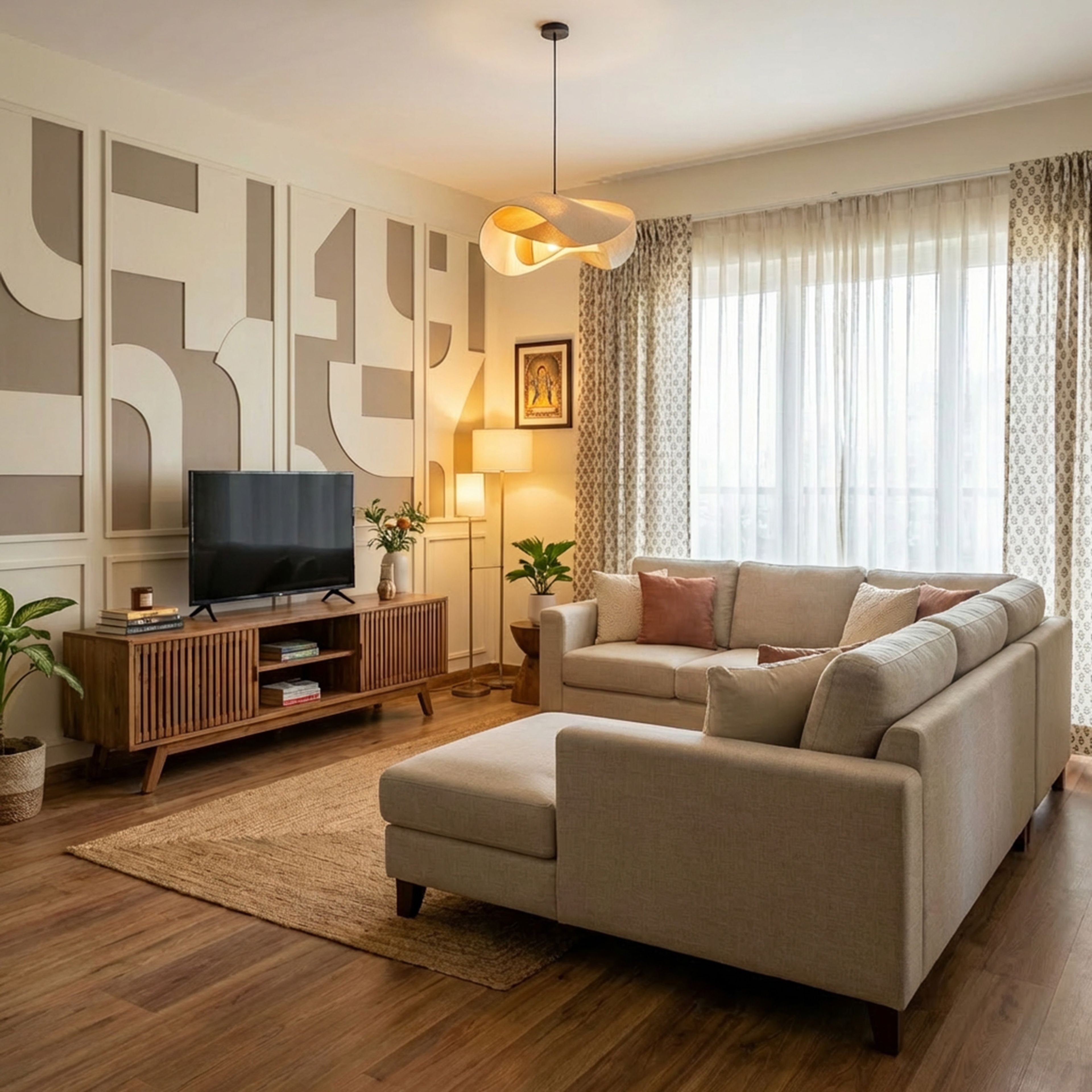 Contemporary Living Room Design with Sectional Sofa and Wooden TV Unit