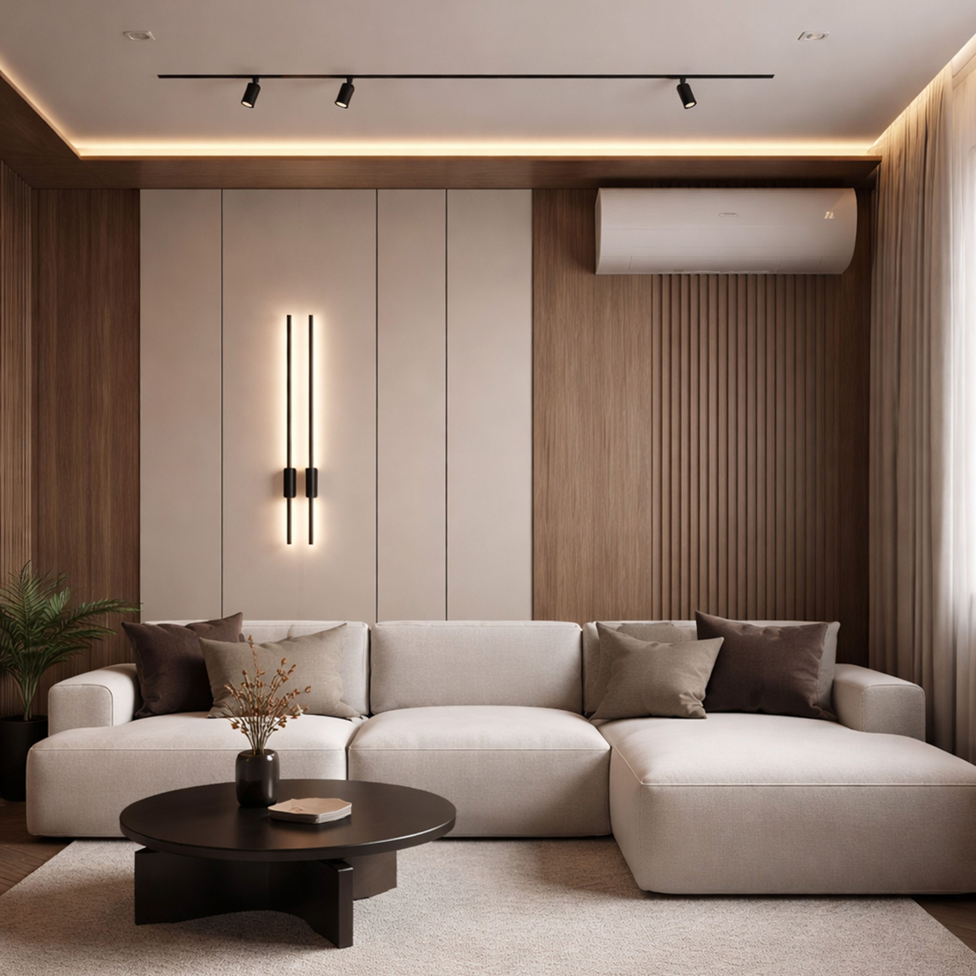 Modern Living Room Design with Cream Boucle Sofa and Slatted Panels