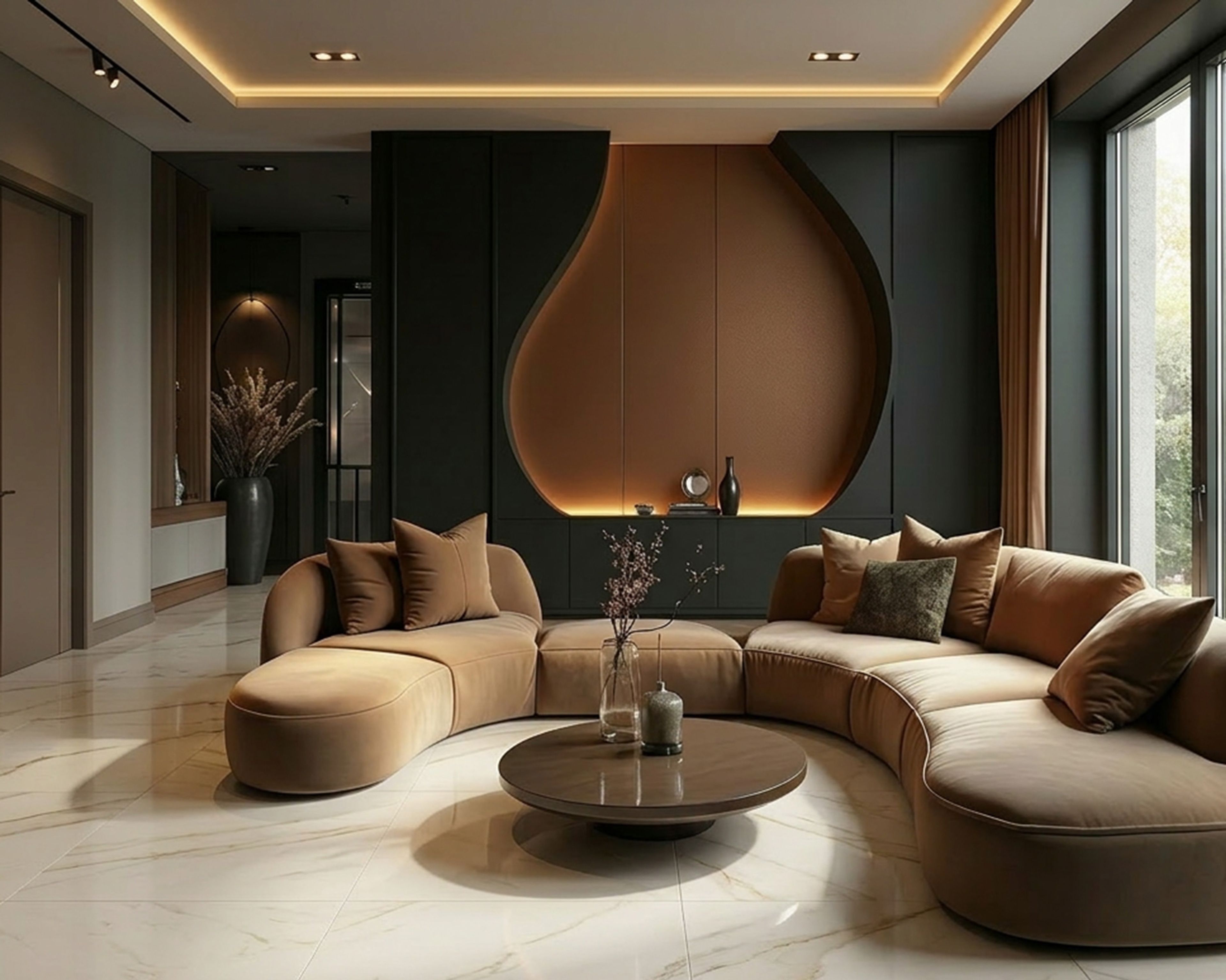 Modern Living Room Design with Curved Caramel Sofa and Marble Floors