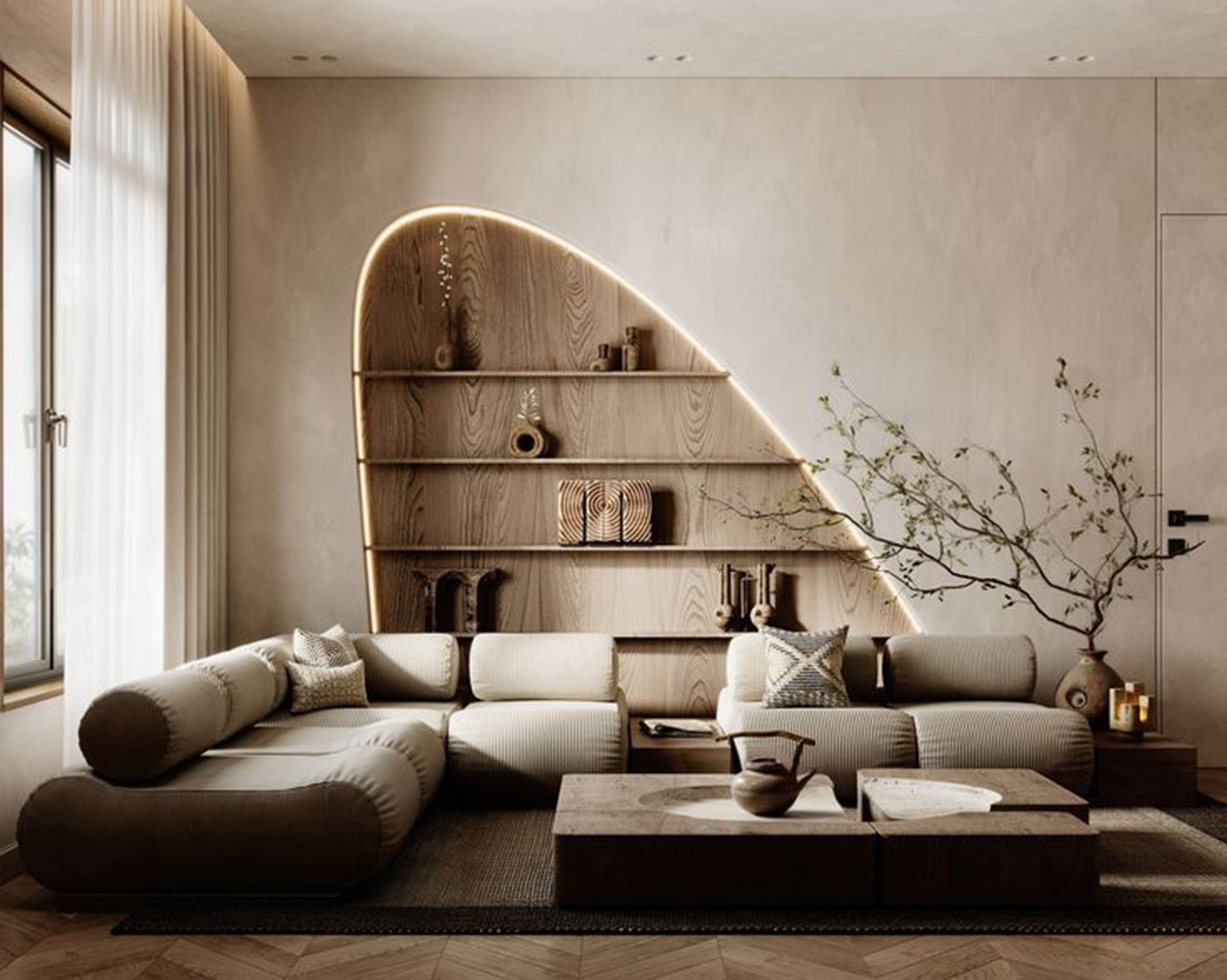Modern Living Room Design with Sand Ribbed Sofa and Curved Shelving