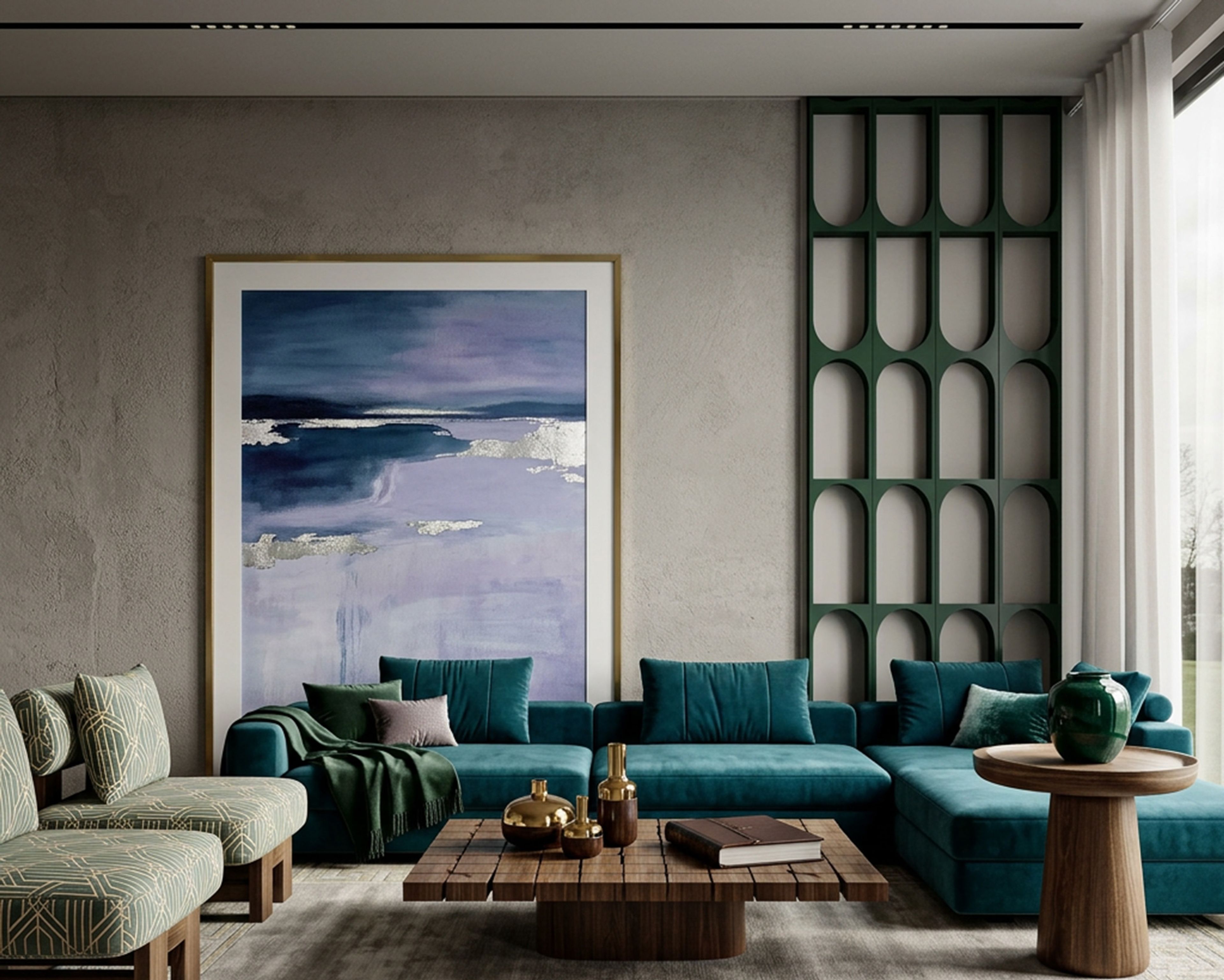 Contemporary Living Room Design with Teal Velvet Sofa and Walnut Table