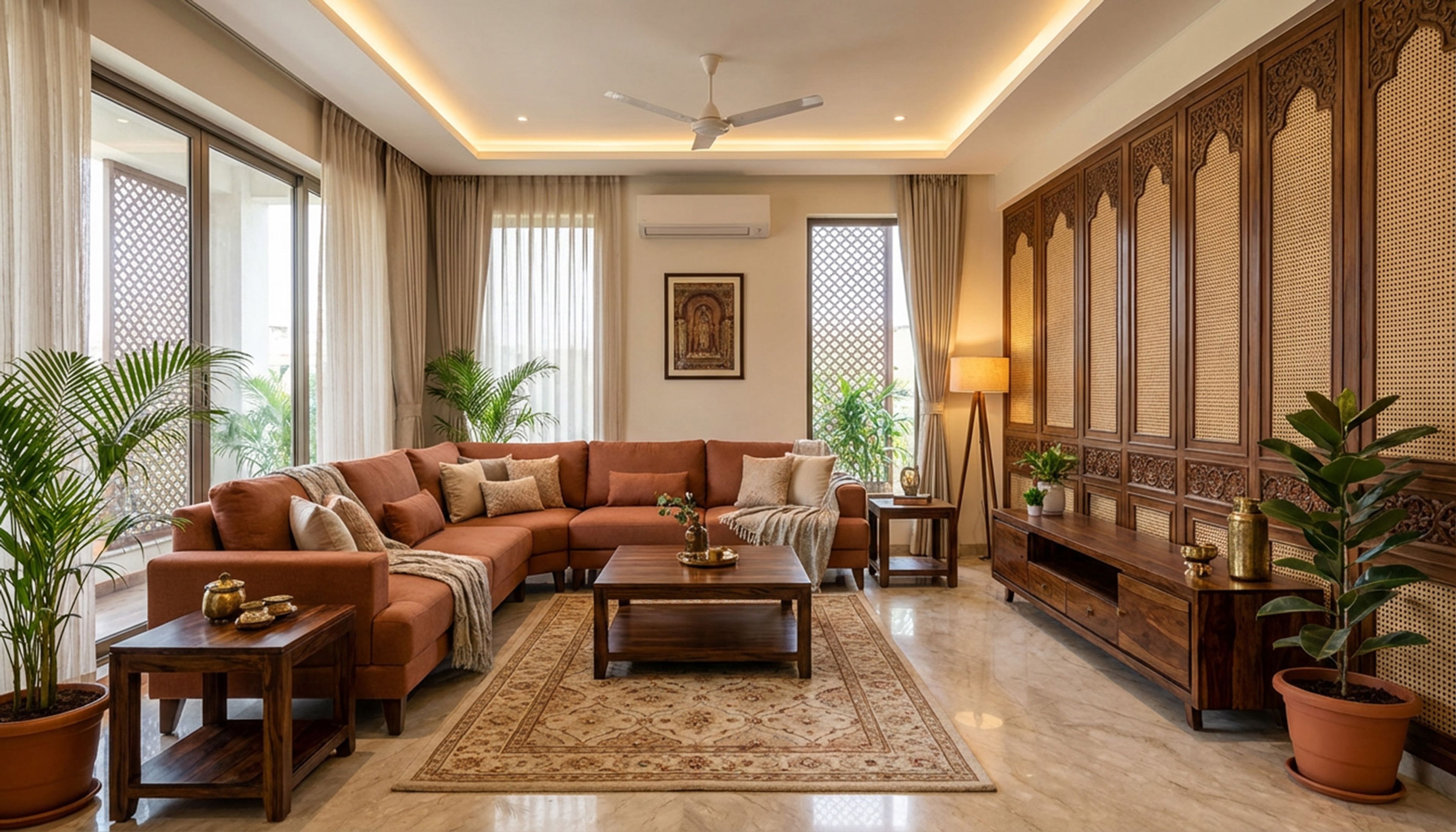 Contemporary Living Room Design with Rust Sofa and Carved Wood Panels