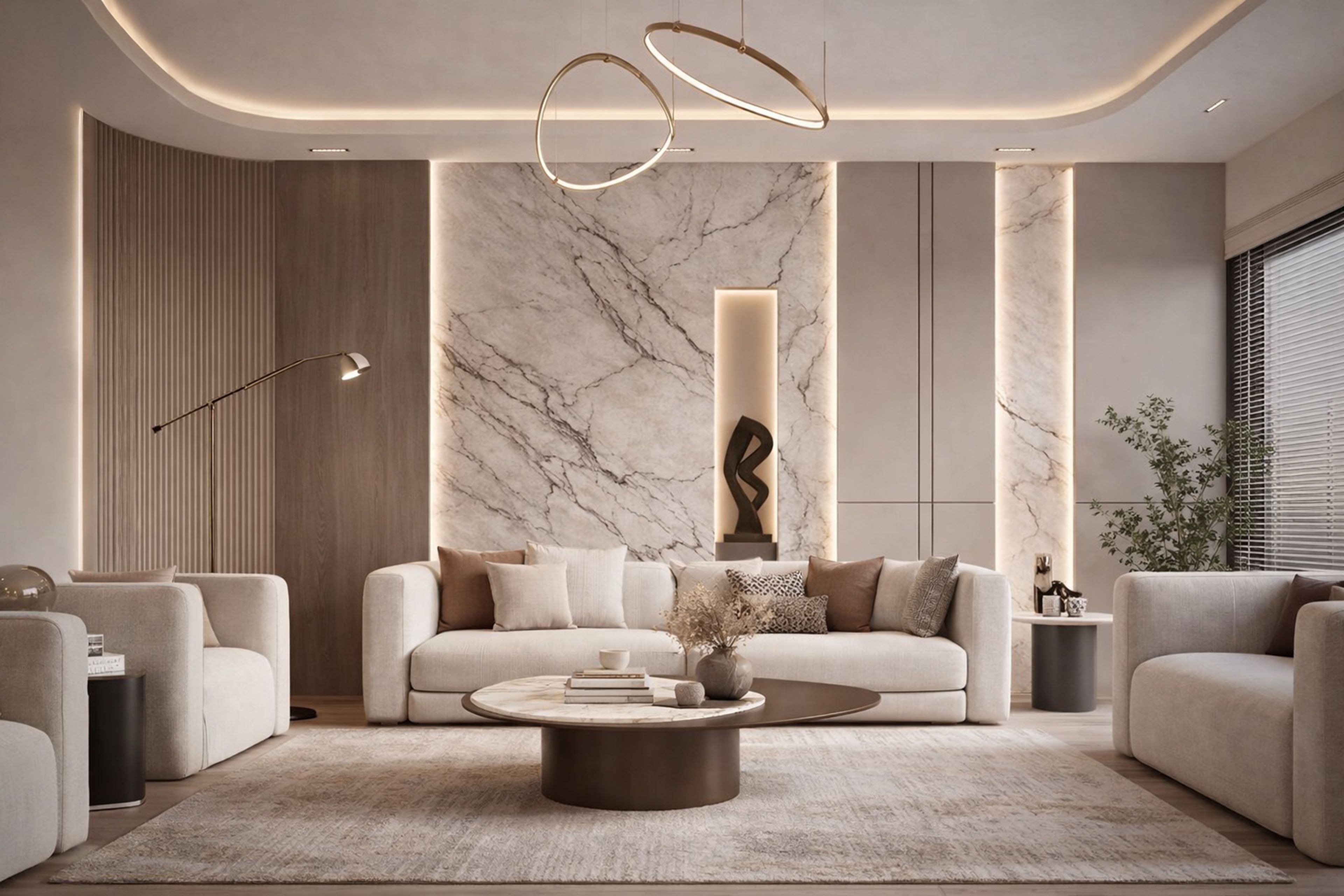Contemporary Living Room Design with Cream Boucle Sofas and Marble Wall