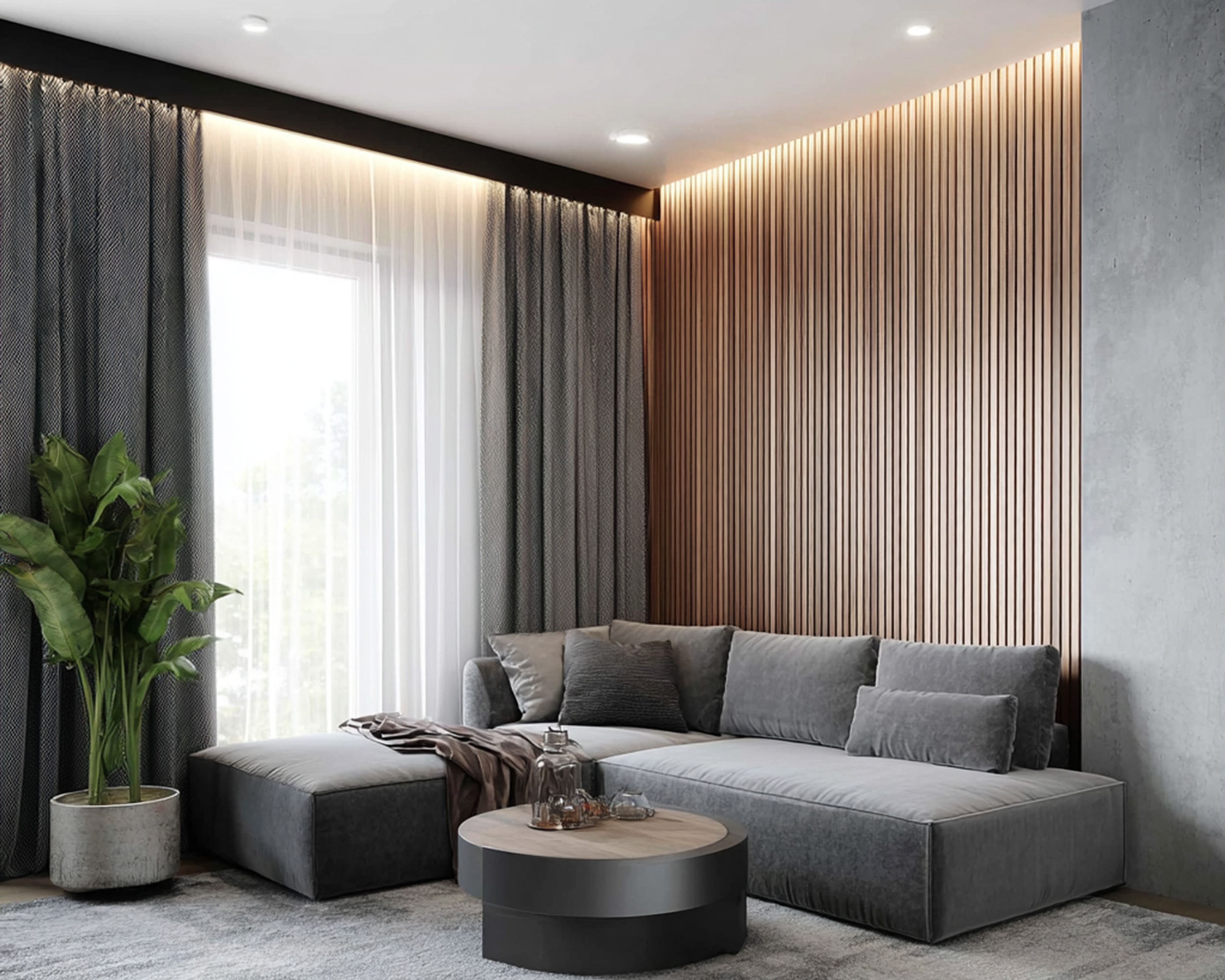 Contemporary Living Room Design with Slatted Wall and Grey L-Shaped Sofa