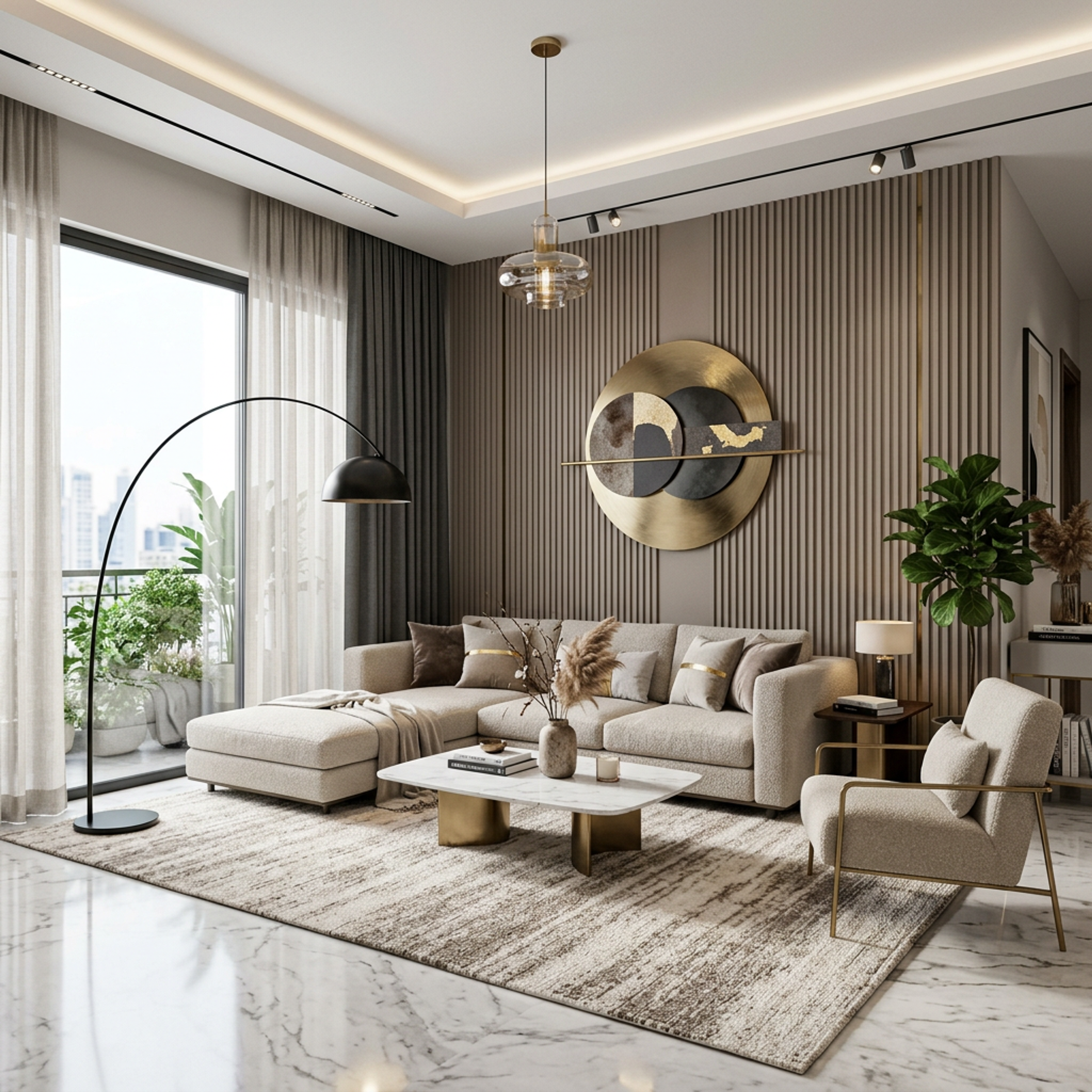 Modern Living Room Design with Beige Sectional and Marble Top Table