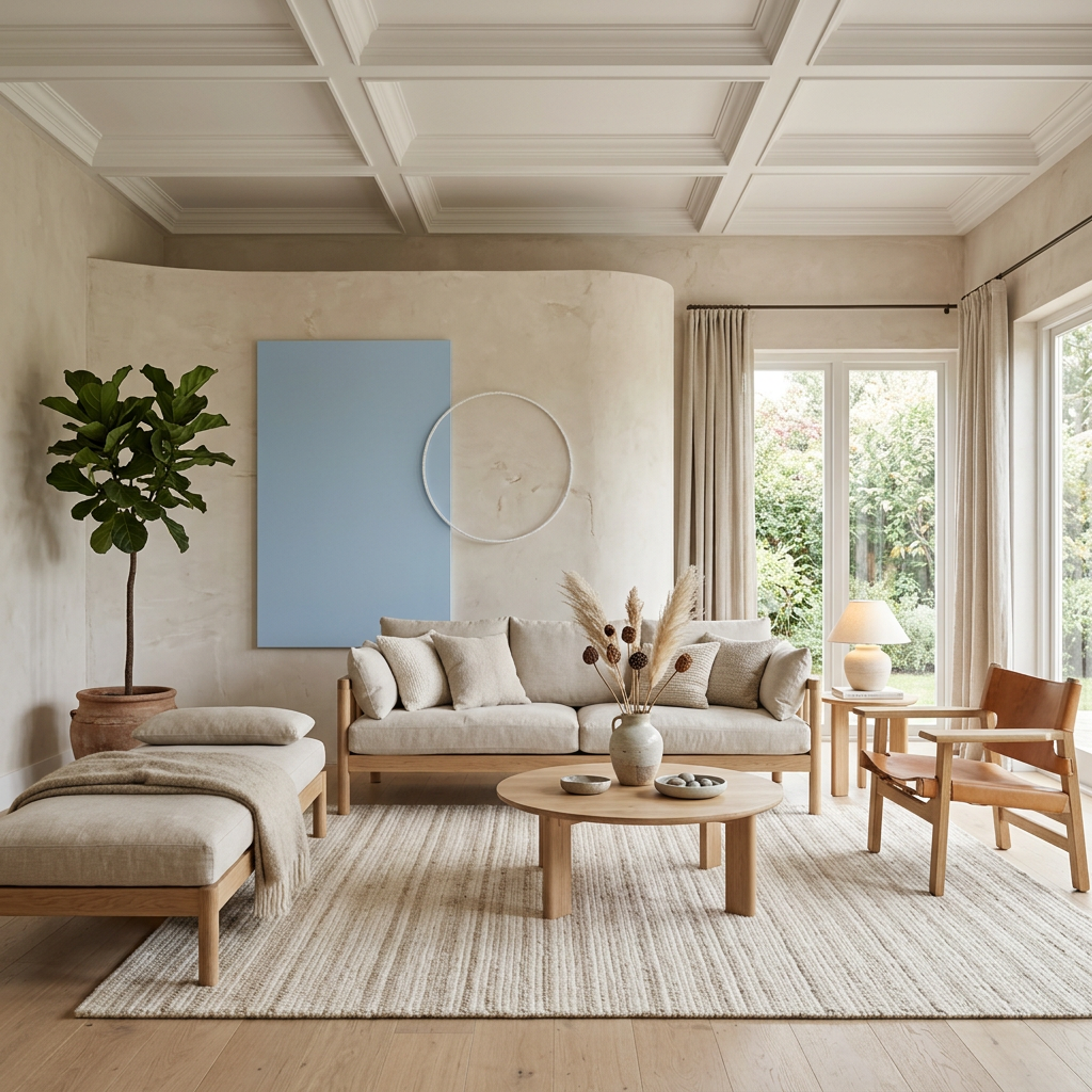 Living Room Design with Coffered Ceiling and Oak Coffee Table