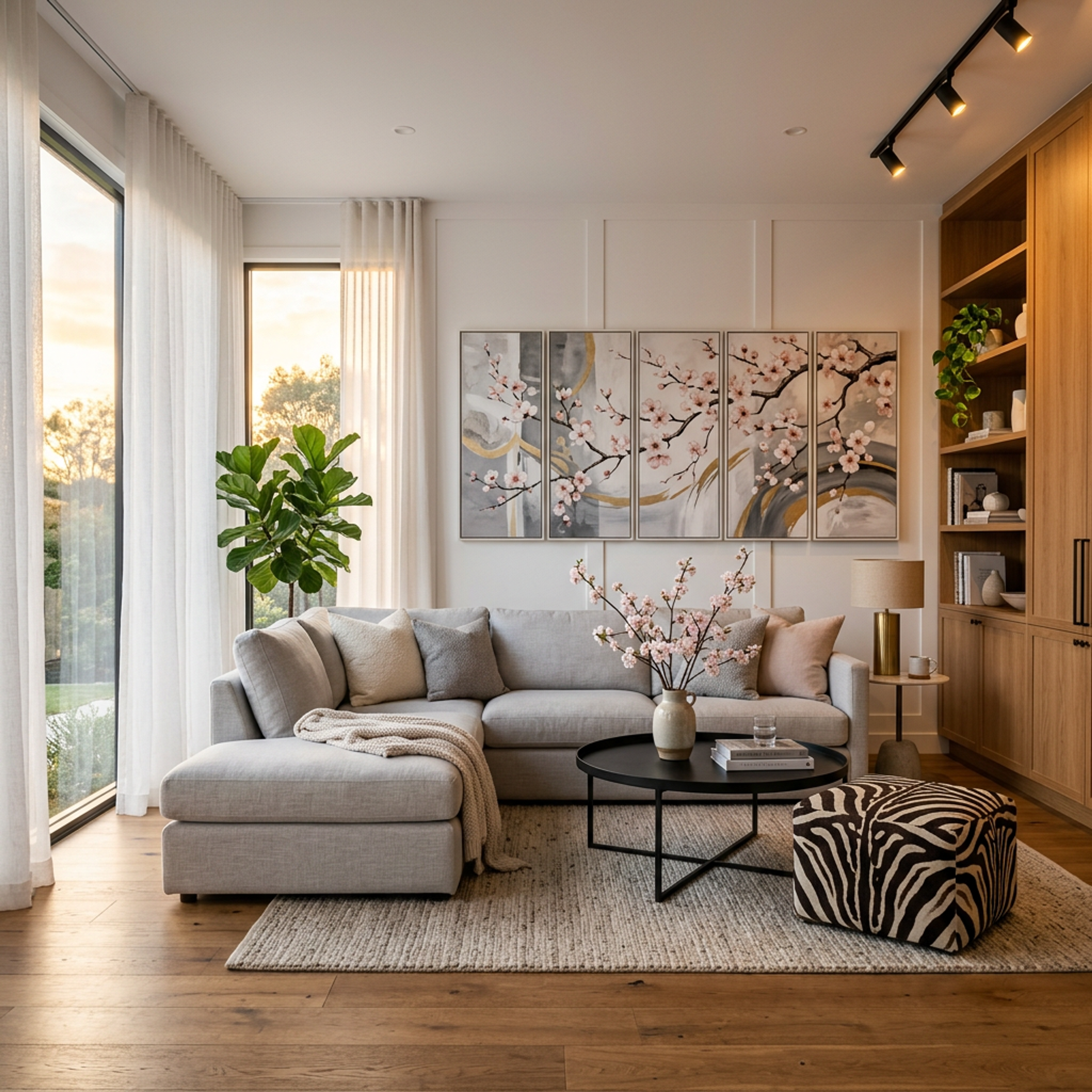 Living Room Design with L-Shaped Sofa and Library Cabinet
