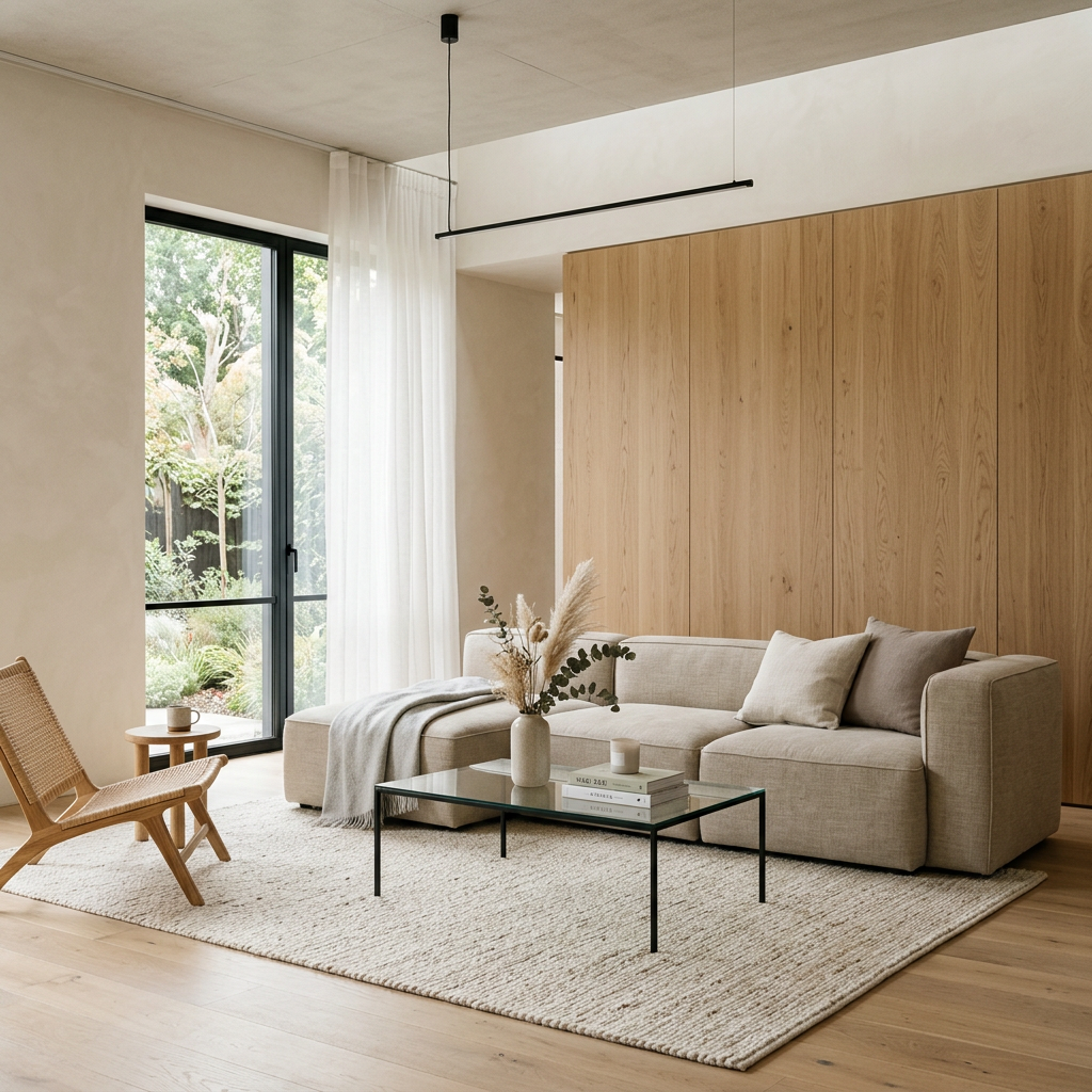 Living Room Design with Hidden Oak Panels and Glass Door