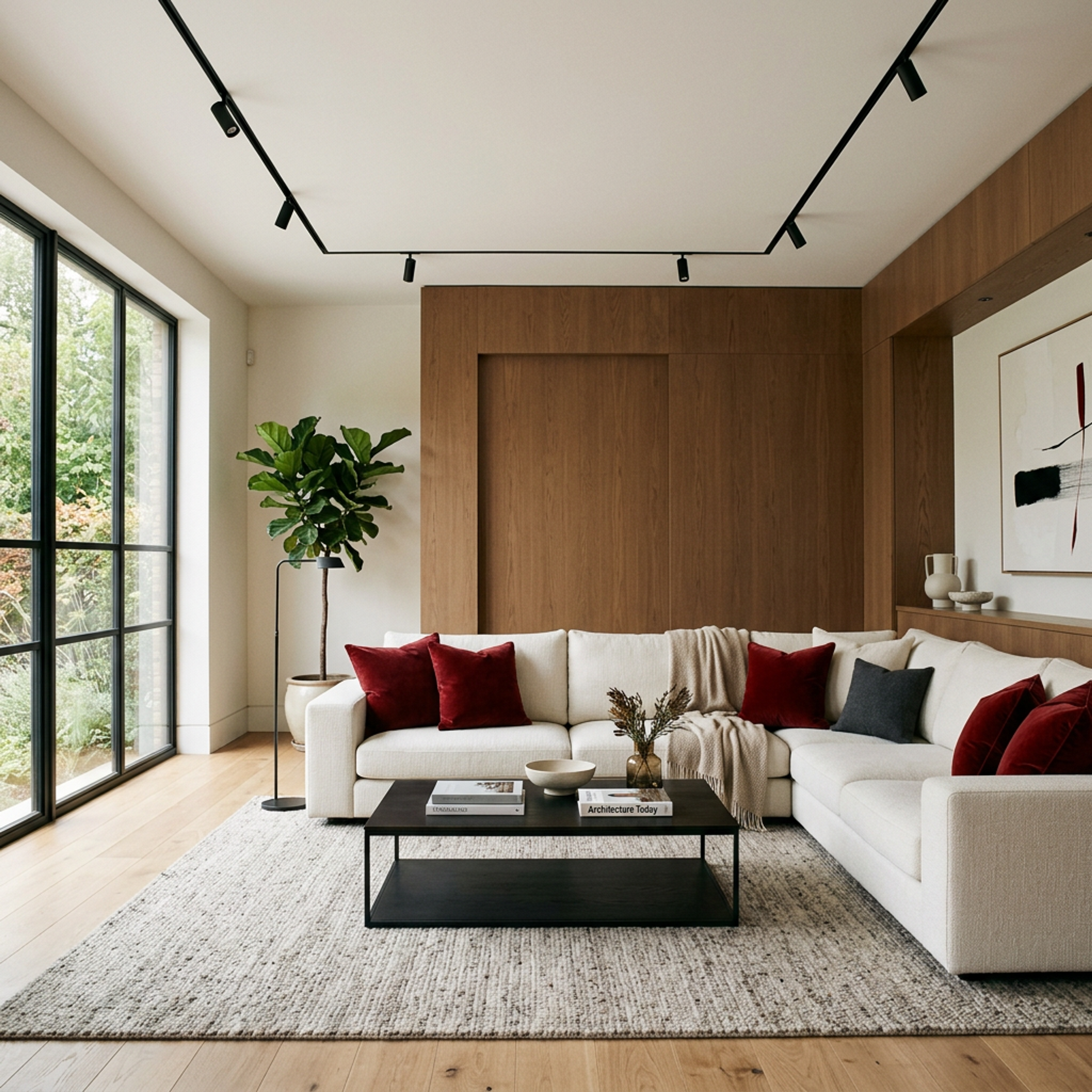 Living Room Design with Cream Sofa and Oak Wood Paneling