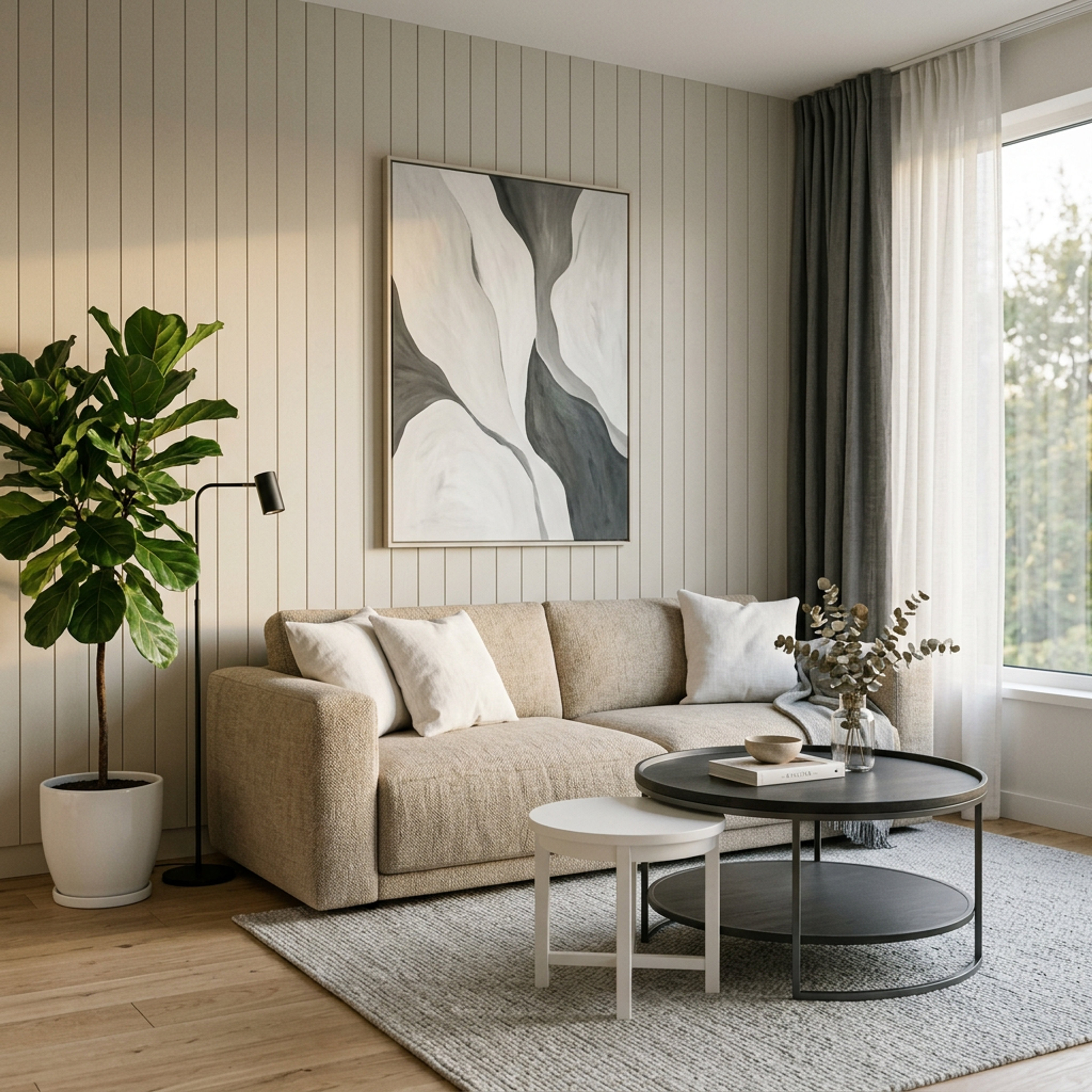 Living Room Design with Beige Sofa and Nesting Coffee Tables