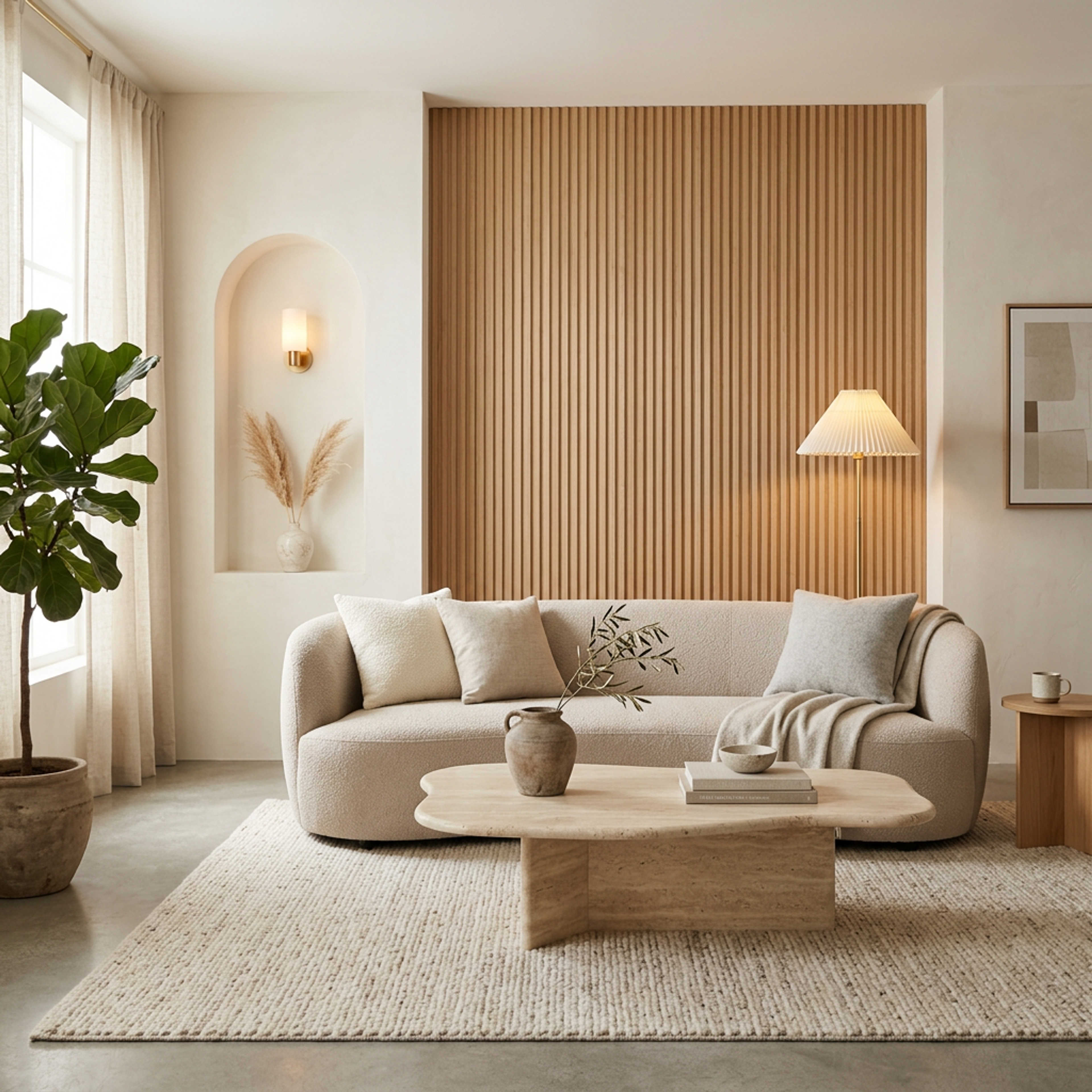 Japandi Living Room Design with Curved Sofa and Slatted Wall