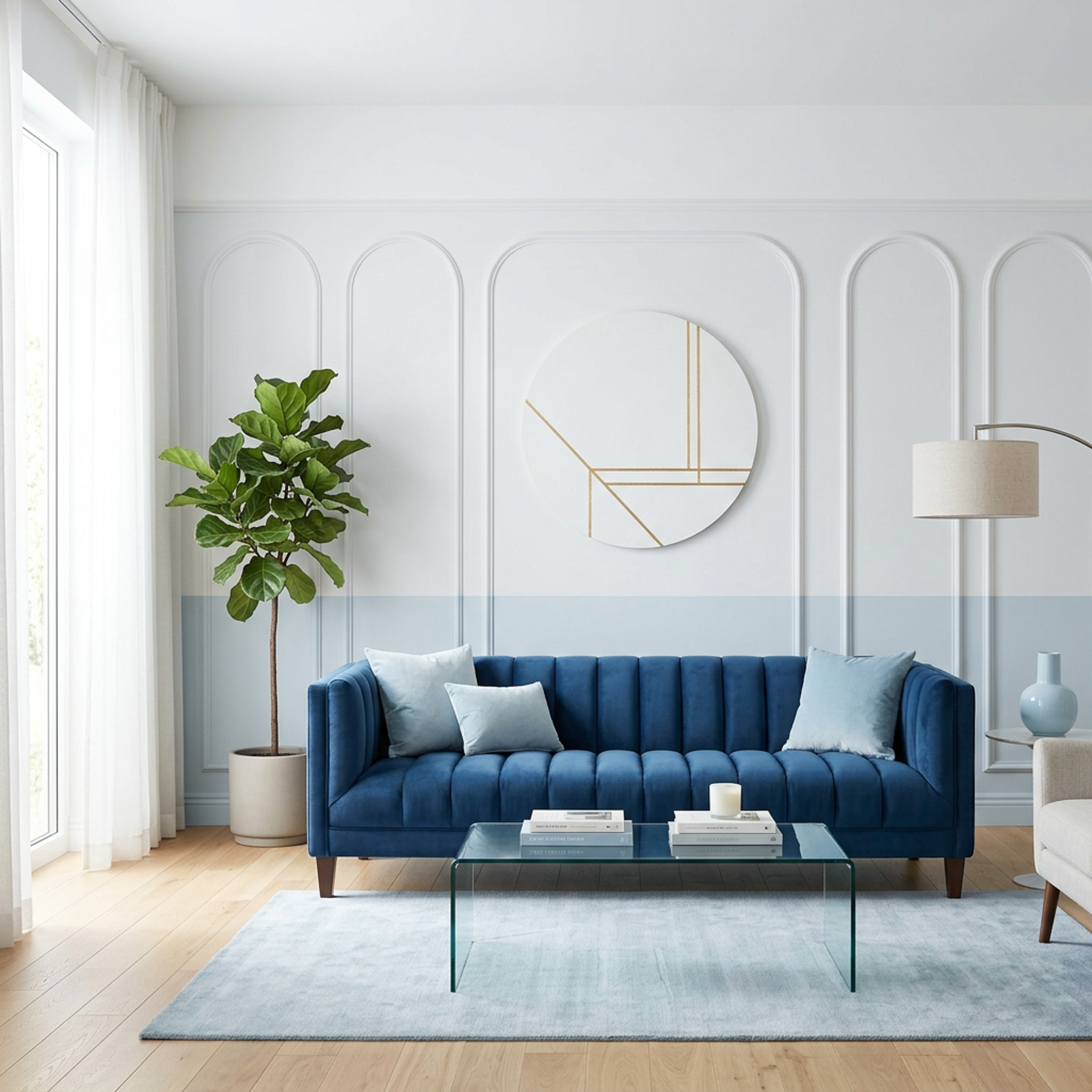 Modern Wall Design with White and Blue Wall Trims for Living Rooms