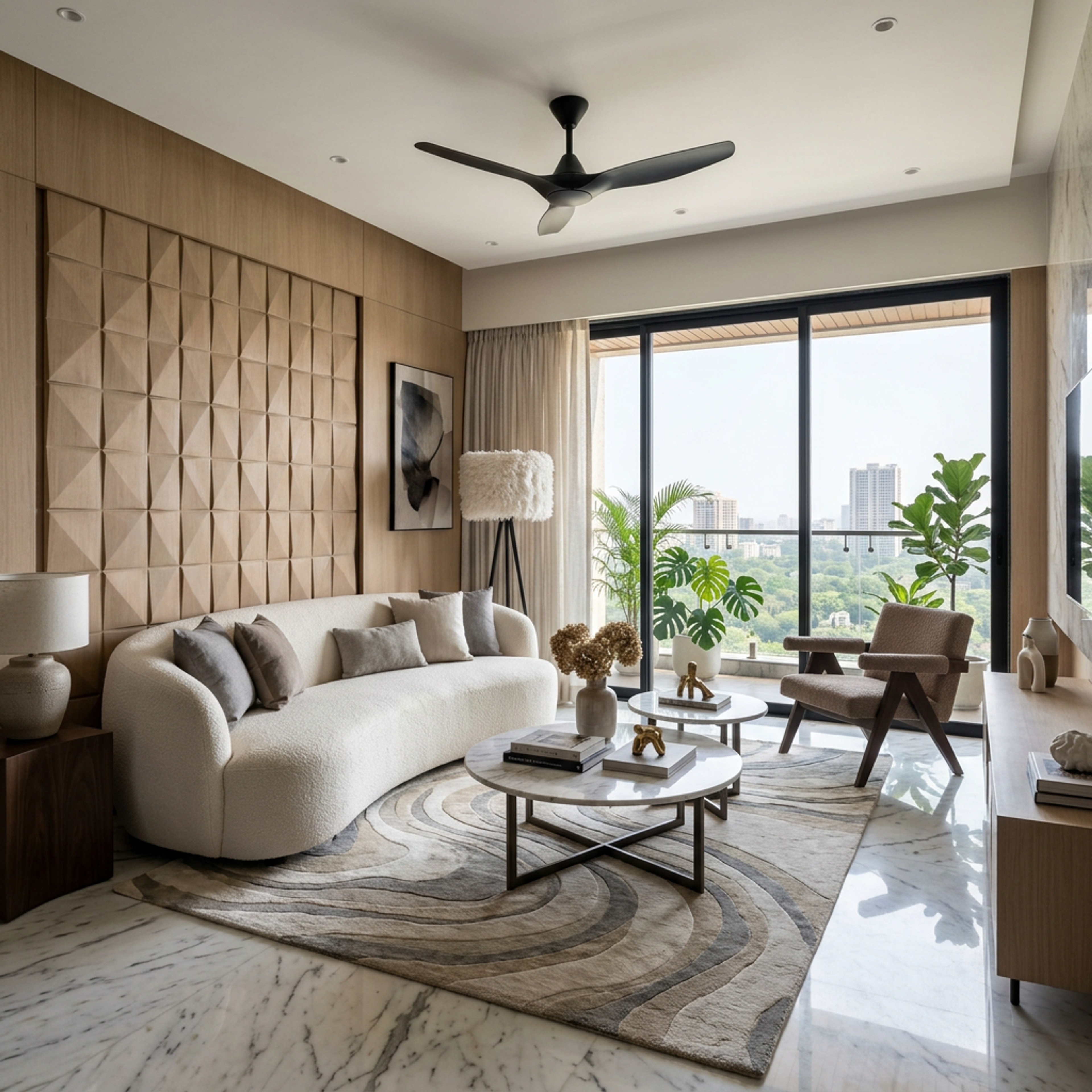 Contemporary Wood Finish Wall Design with Wood Panels for Living Room