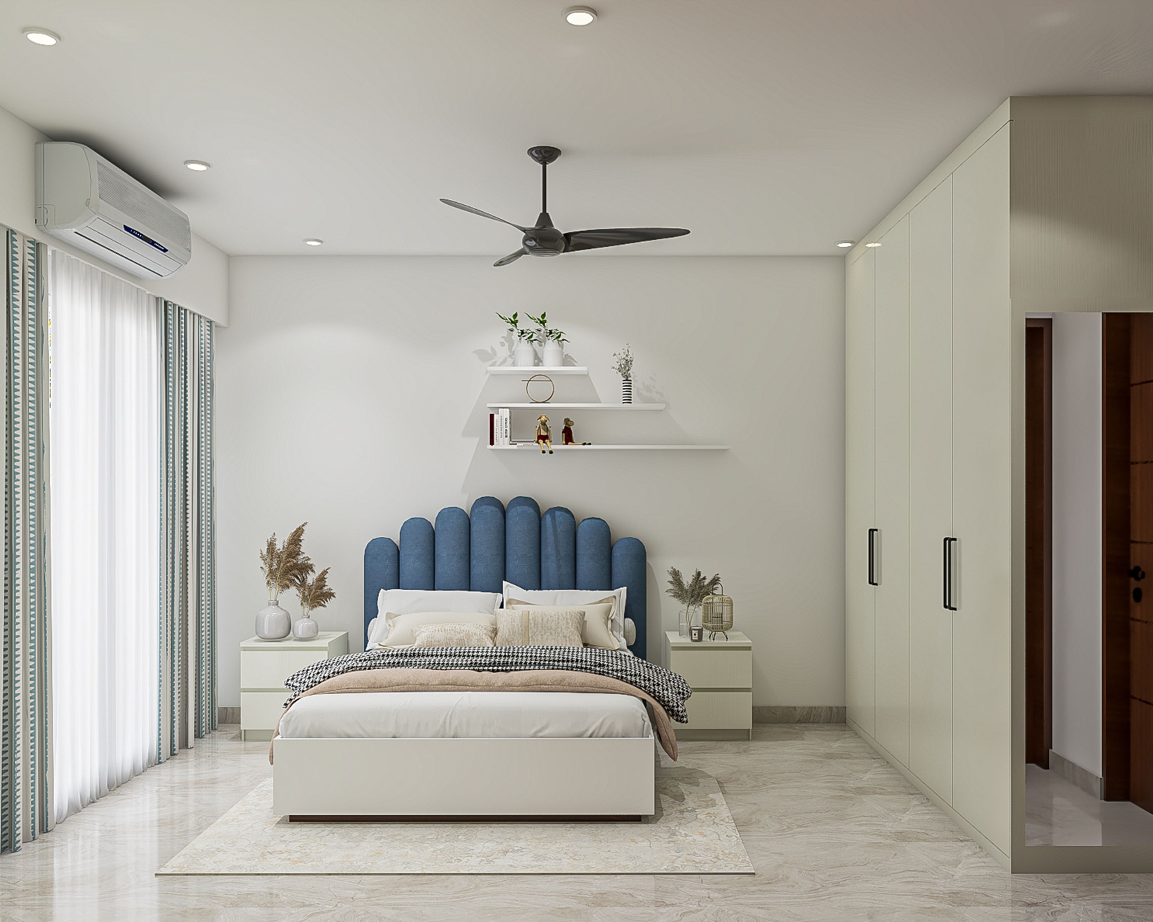 Modern Master Bedroom Design with Arched Blue Upholstered Bed Heaboard