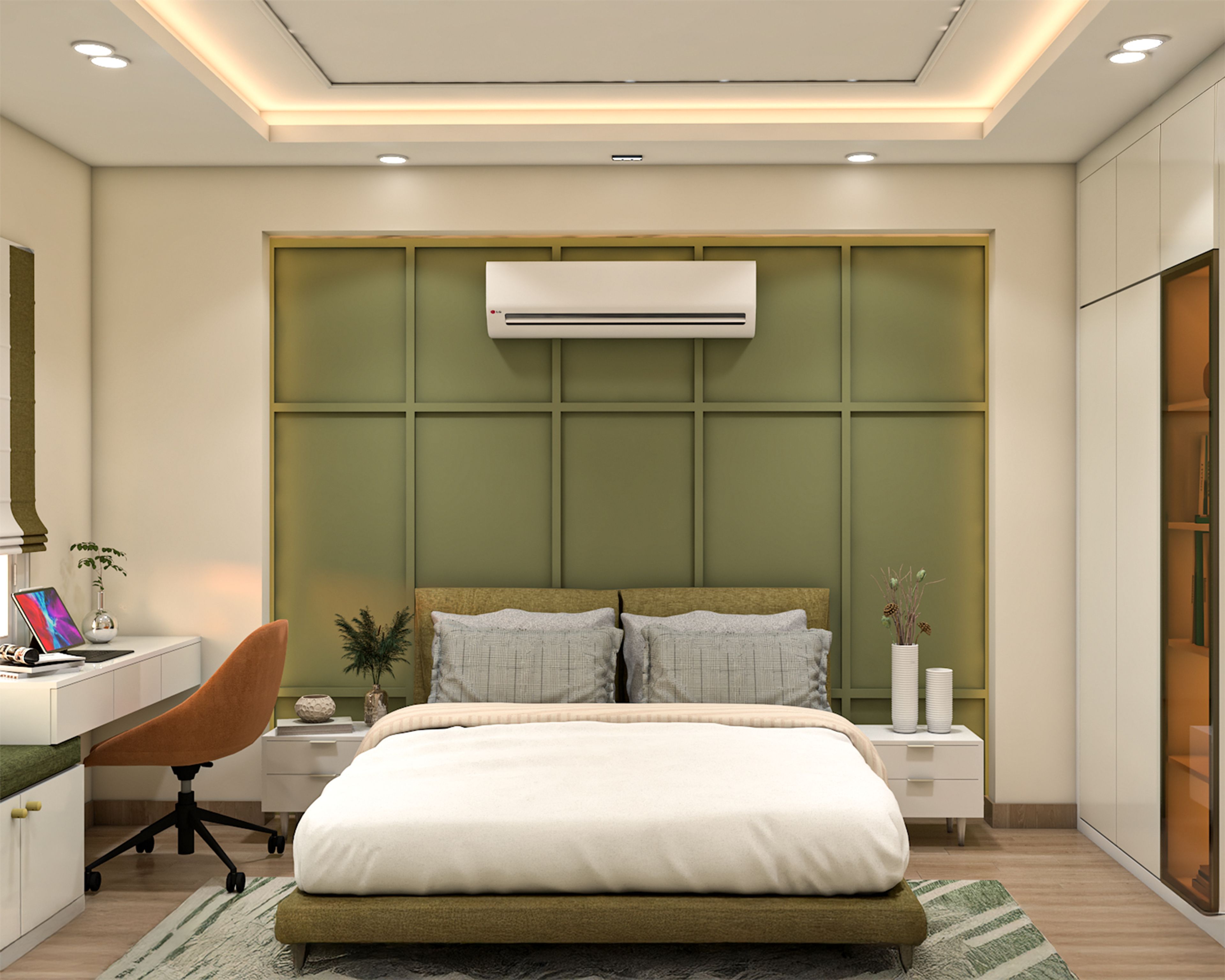 Contemporary Bedroom Sage Green Wall Paint Design with Wall Trims