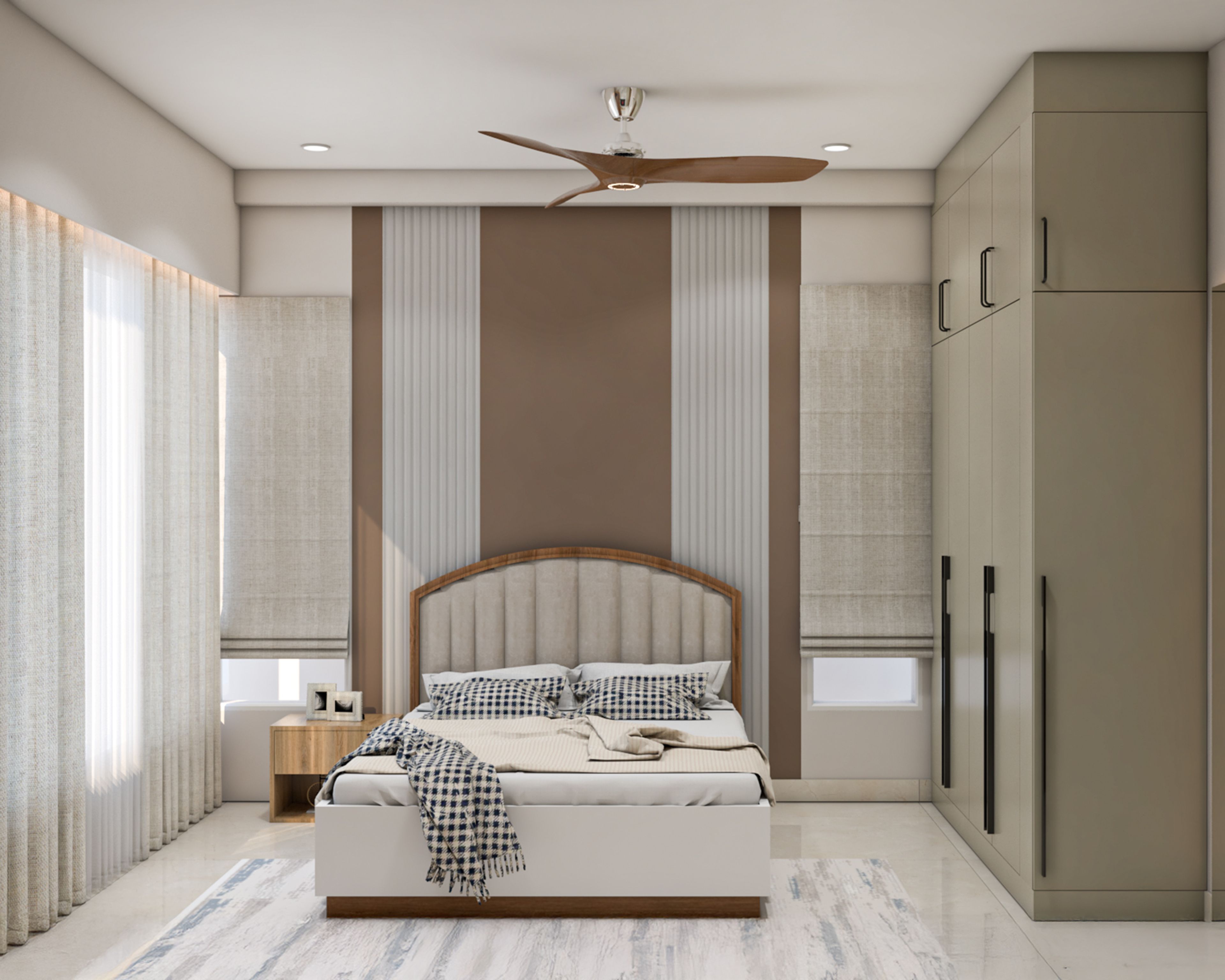 Contemporary Master Bedroom Design with Curved Headboard and Full Height Wardrobe