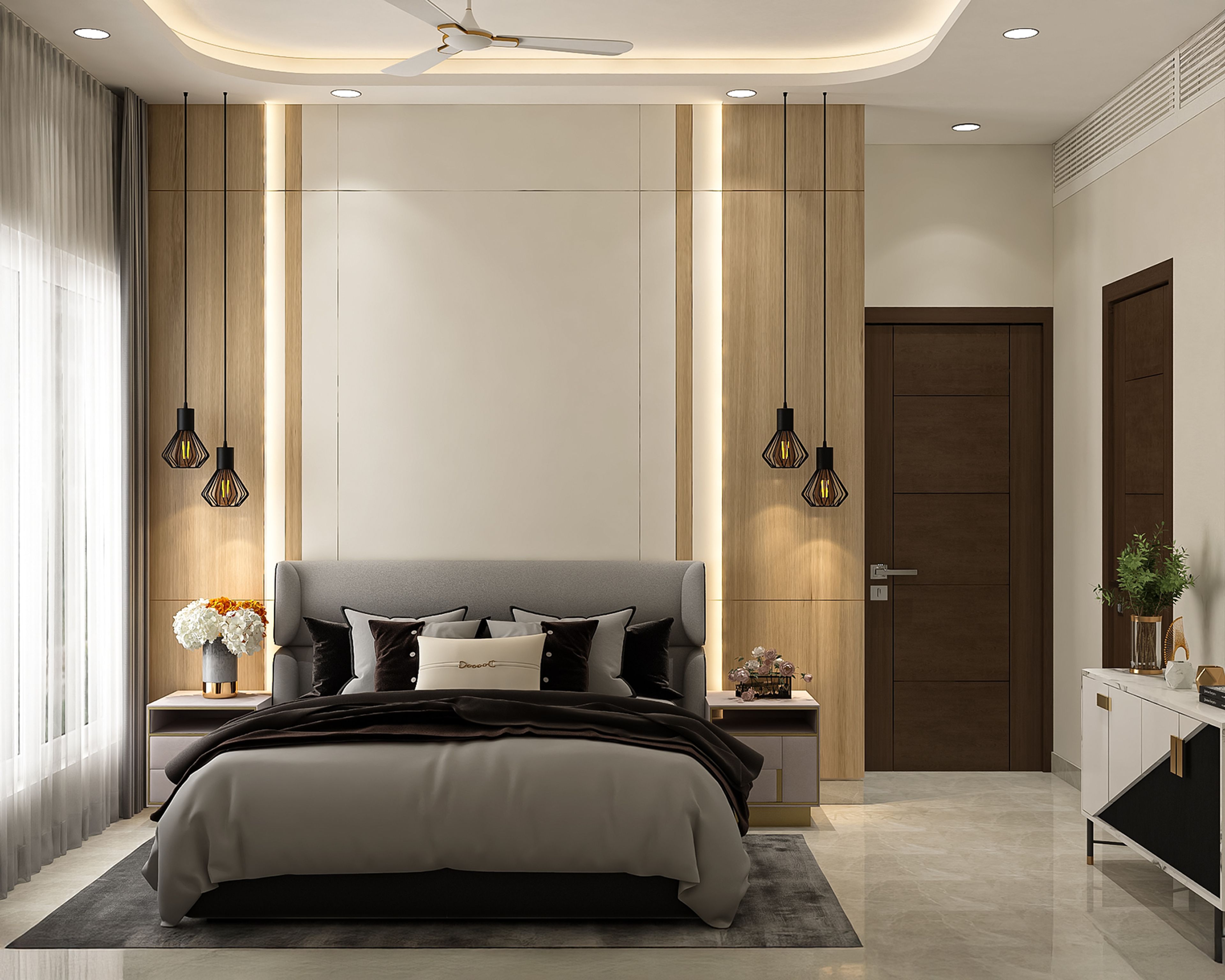 Modern Master Bedroom Design with Diagonal Split Accent Console and King Bed