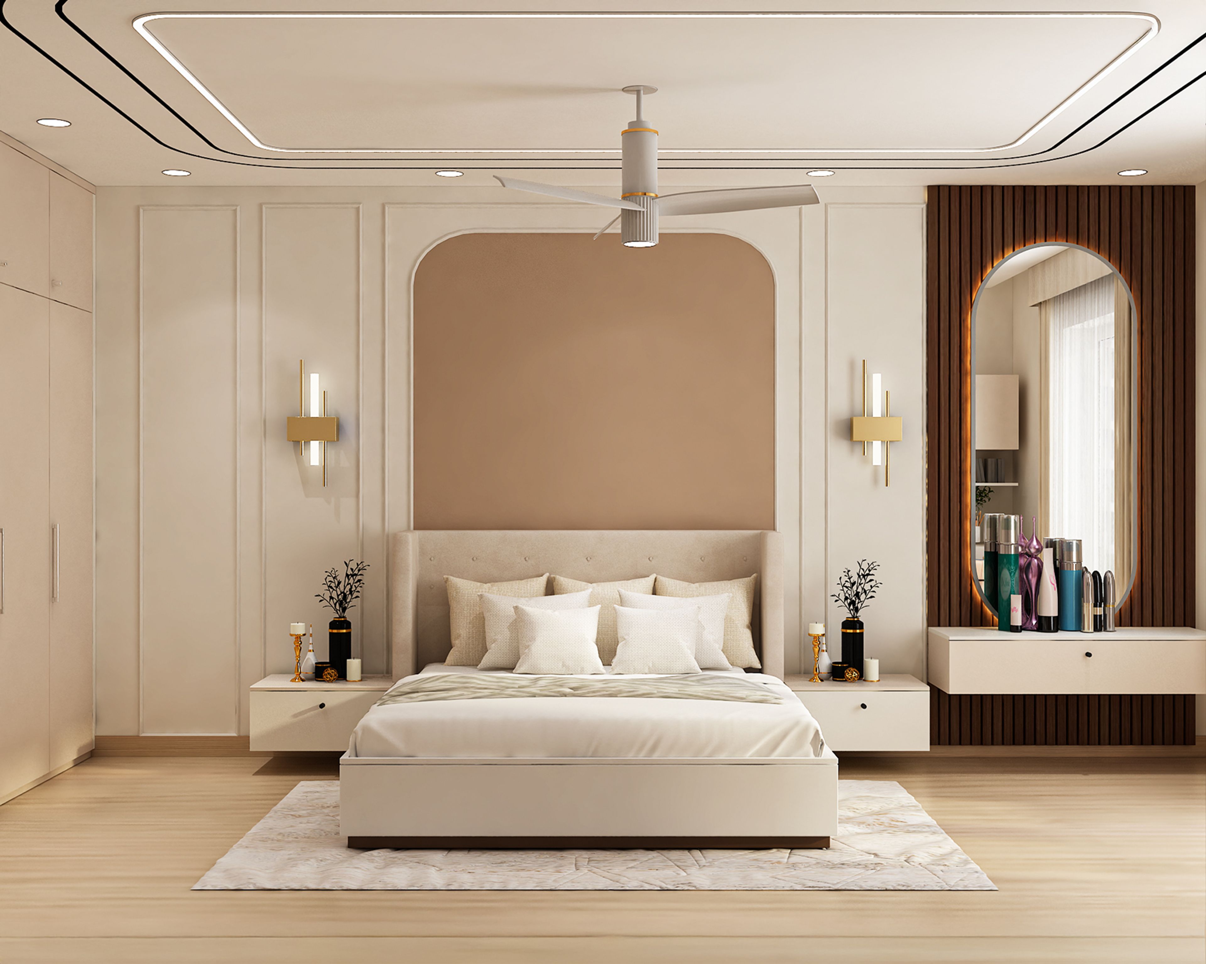 Contemporary Master Bedroom Design with Terracotta Arch and Fluted Wood