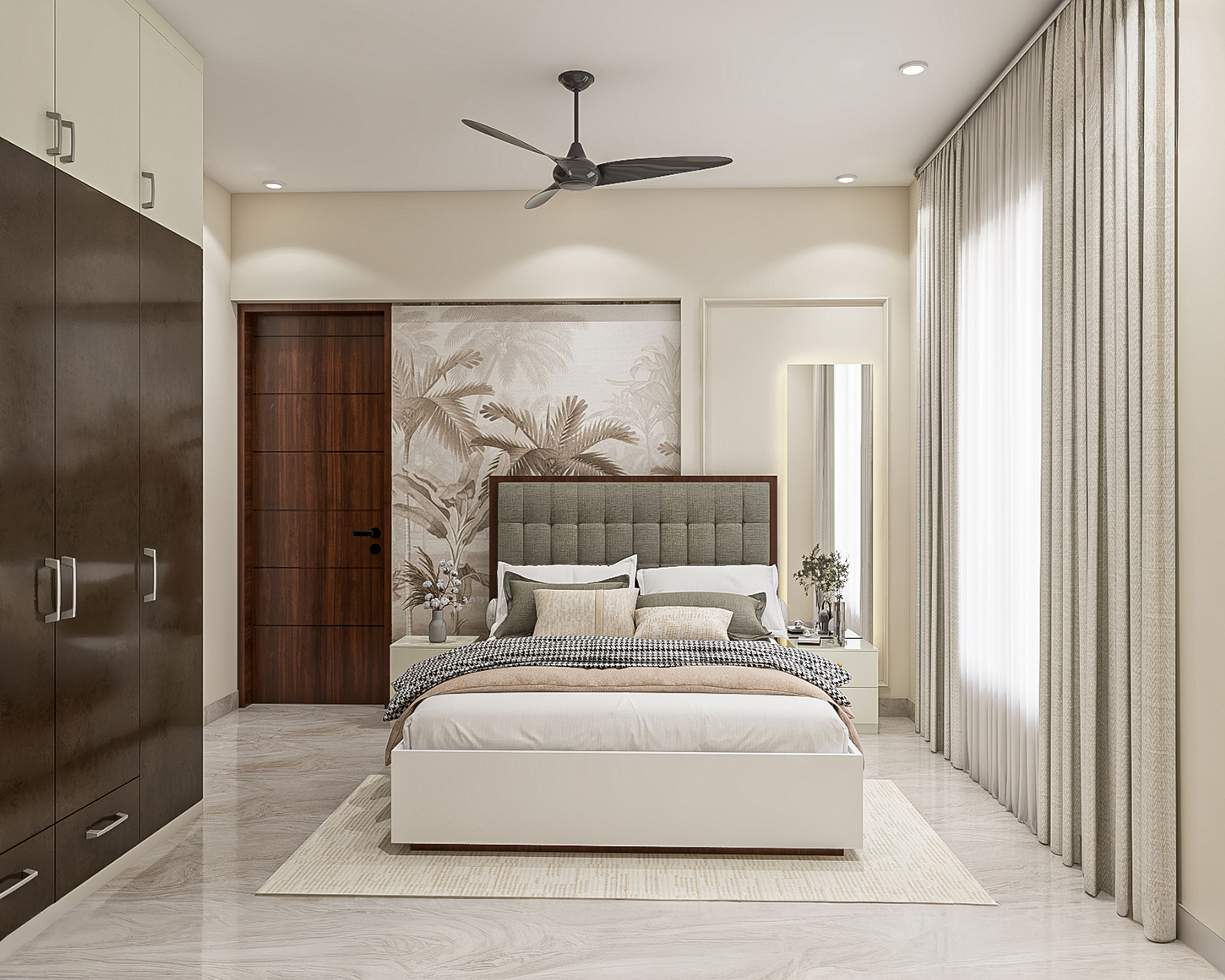 Contemporary Master Bedroom Design with Tropical Palm Leaf Wallpaper Accent