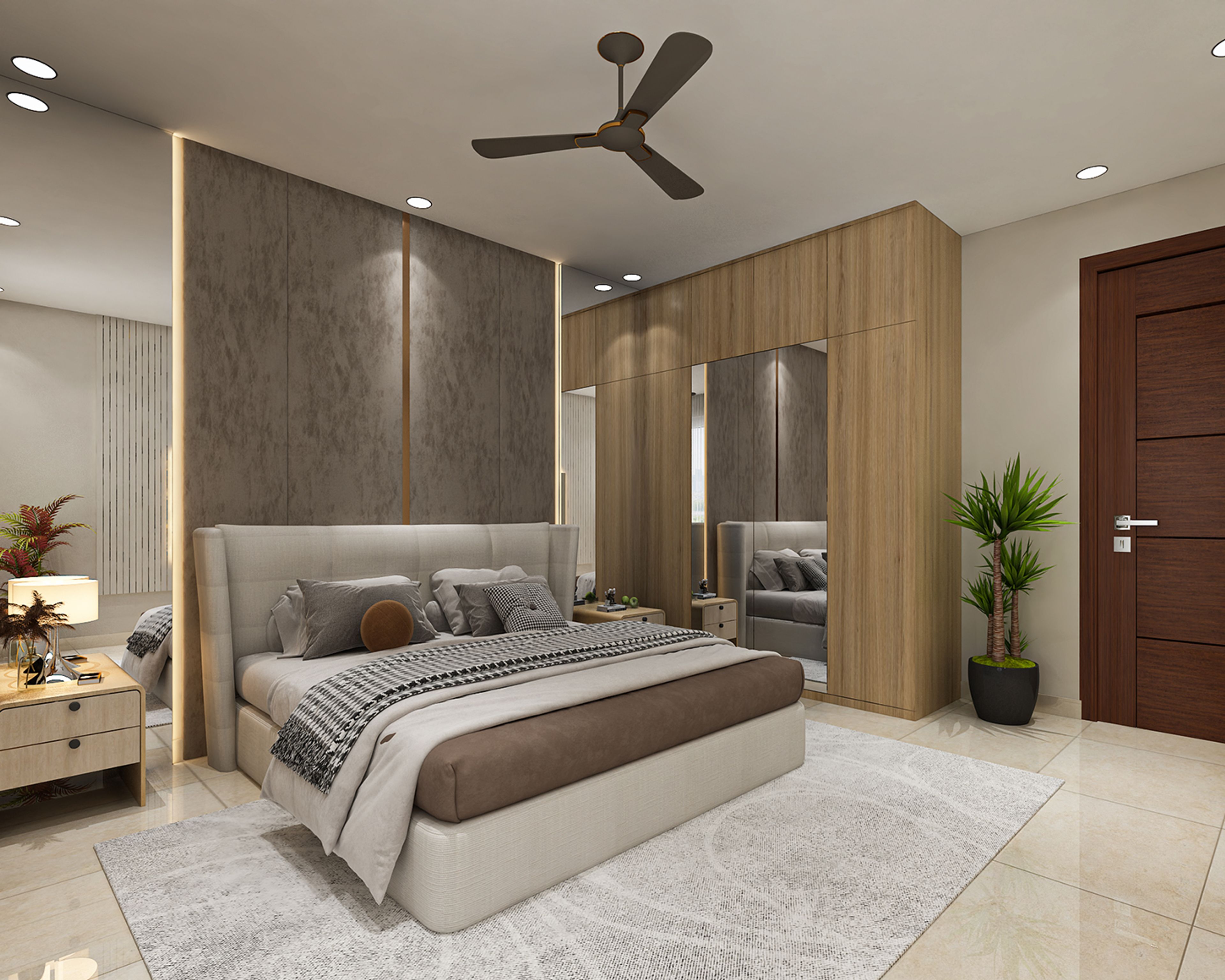 Contemporary Master Bedroom Design with Textured Upholstered Wall Panels Setup