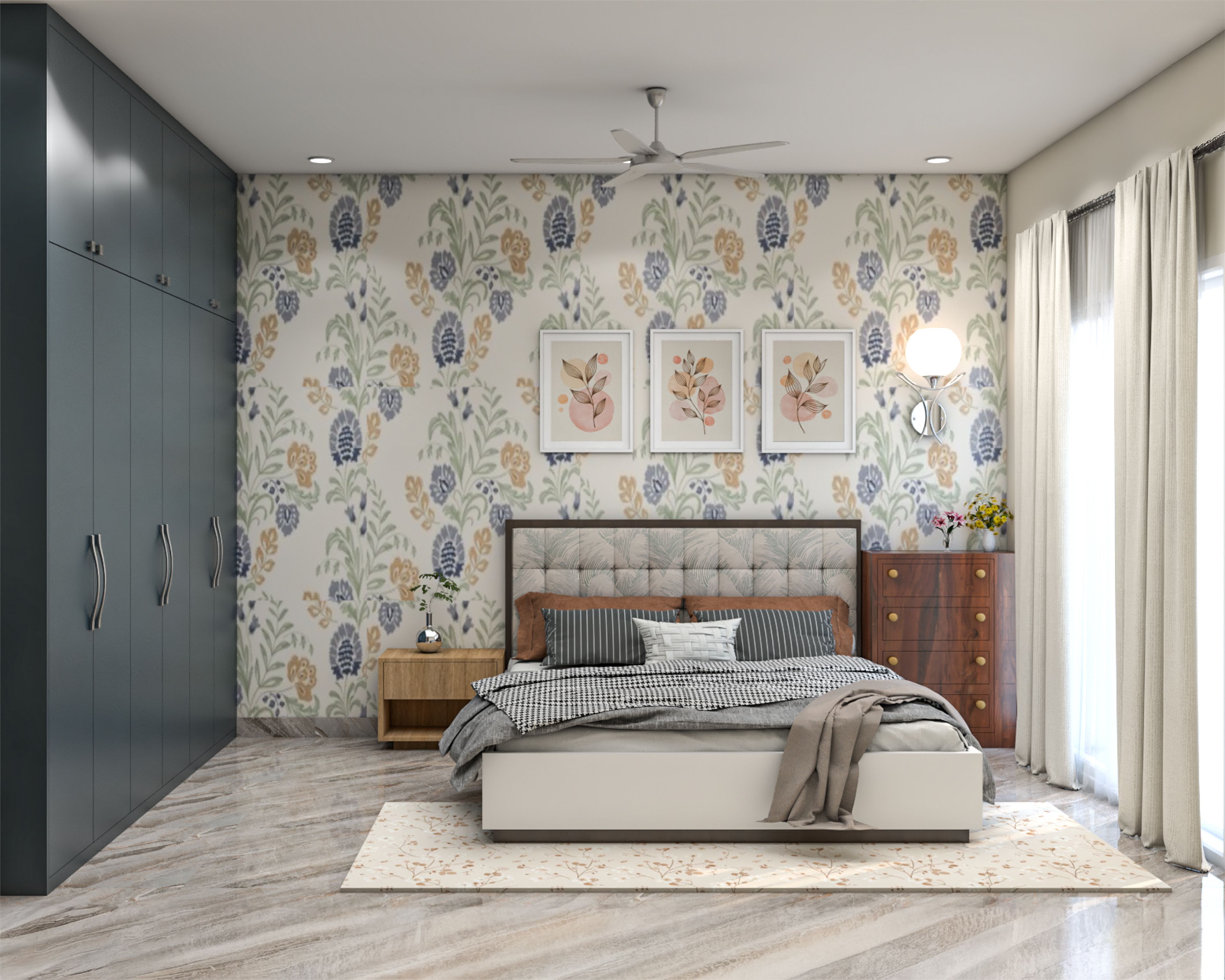 Contemporary Master Bedroom Design with Floral Patterned Wallpaper and King Bed