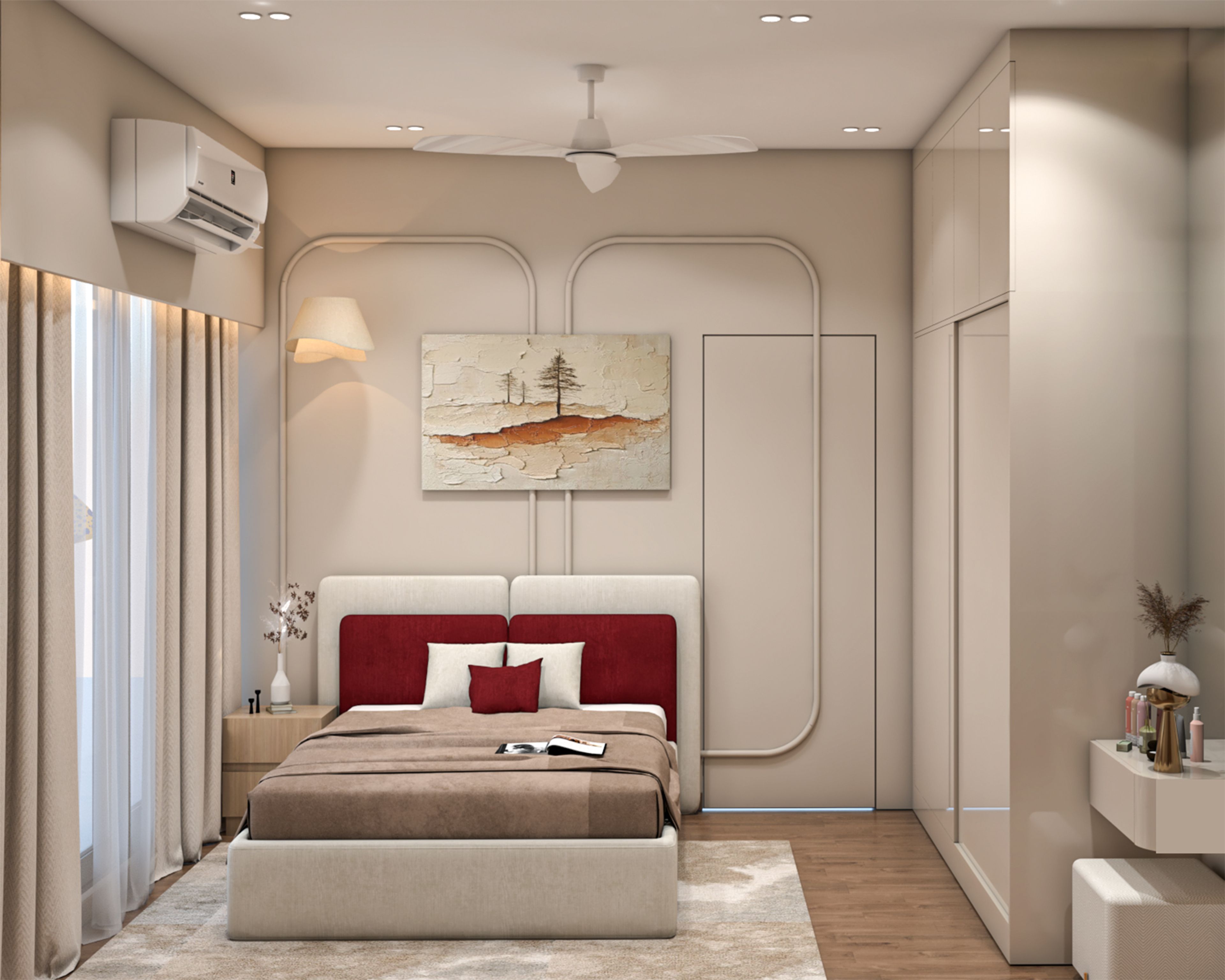 Minimalist Master Bedroom Design with Beige Wardrobe and Red Dual Tone Headboard