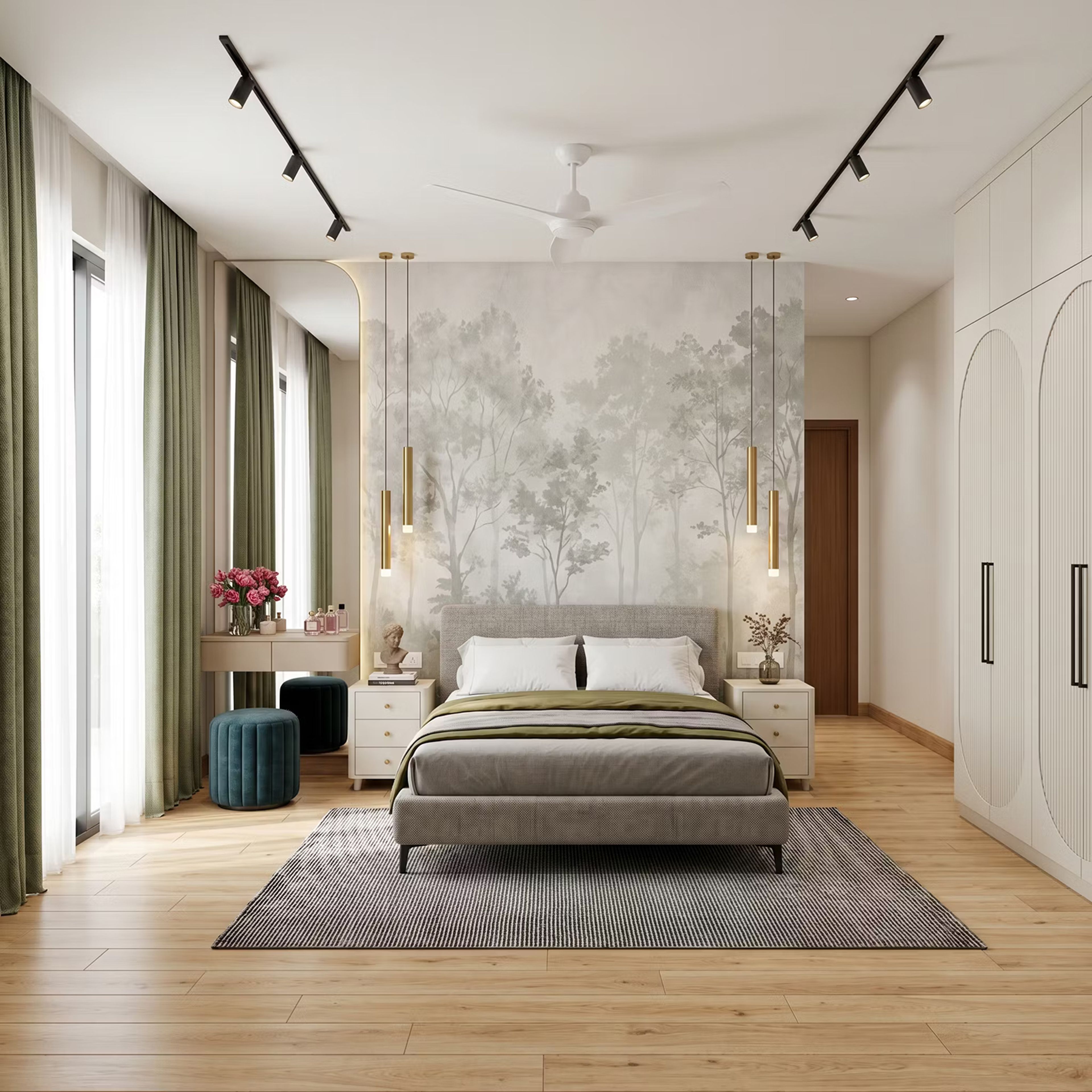 Master Bedroom Design with Tree Wallpaper and Green Curtains