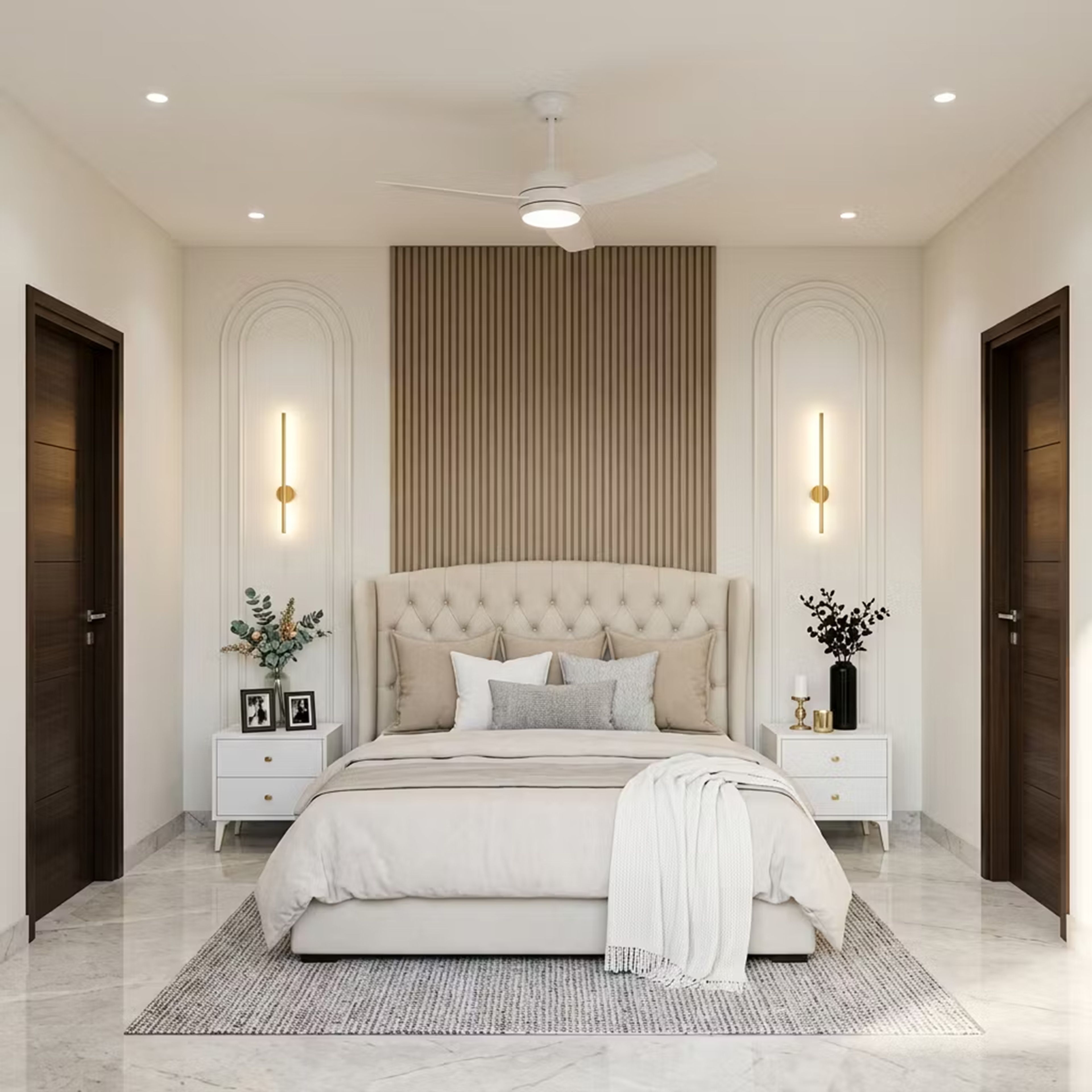Master Bedroom Design with Slatted Wall and Beige Bed