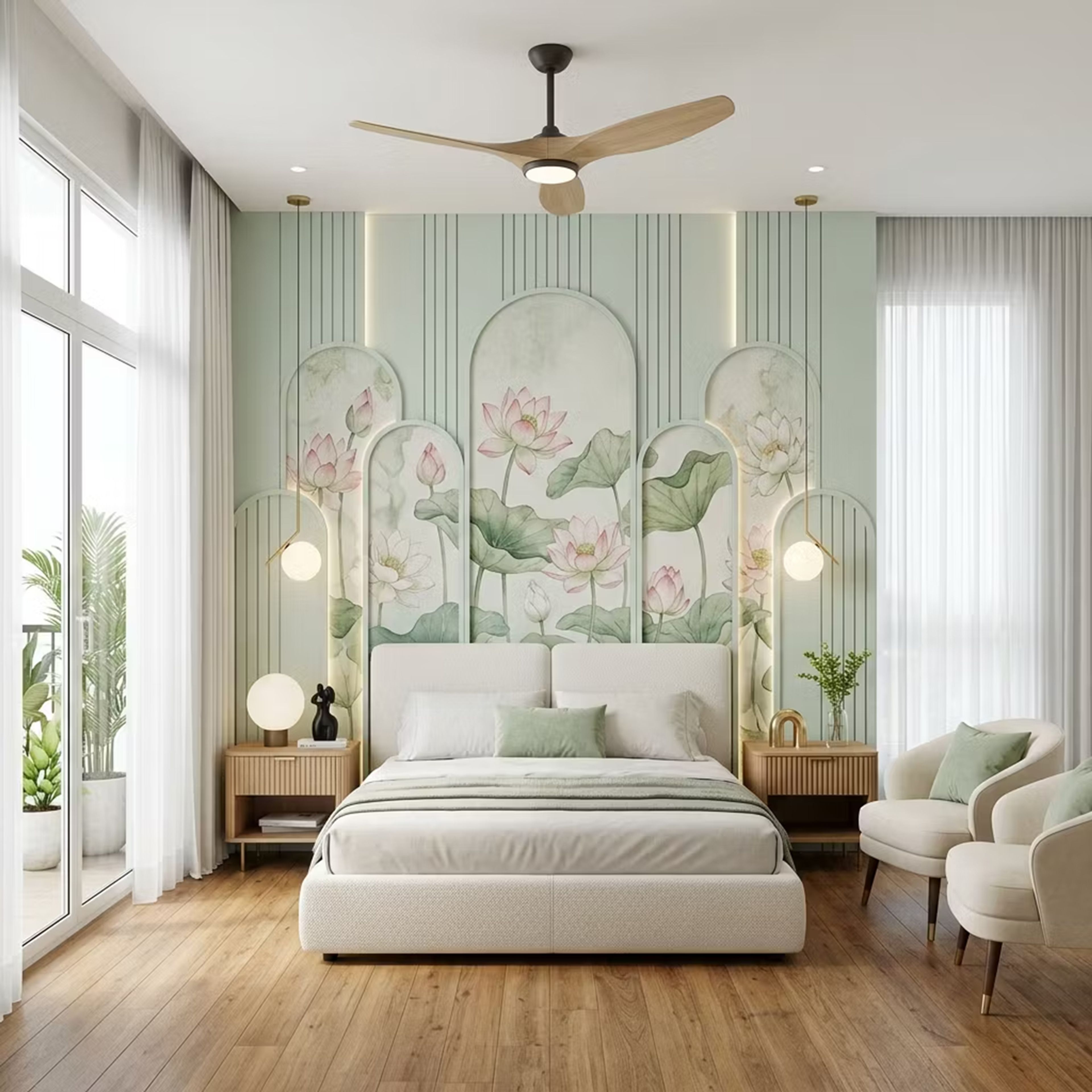 Master Bedroom Design with Lounge Chairs and Lotus Wallpaper